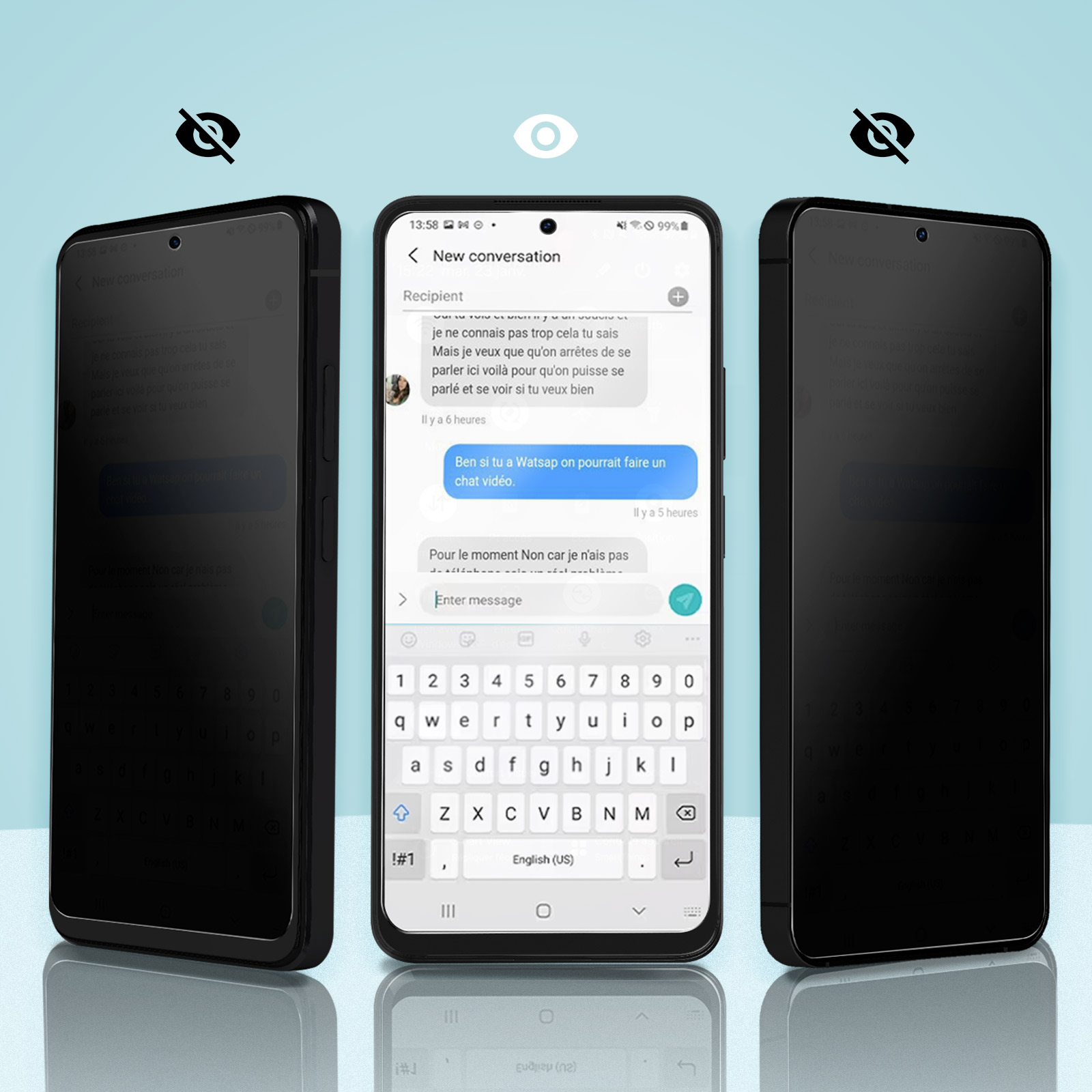 Tre smartphone affiancati. Quello centrale mostra una conversazione in chat con una tastiera.