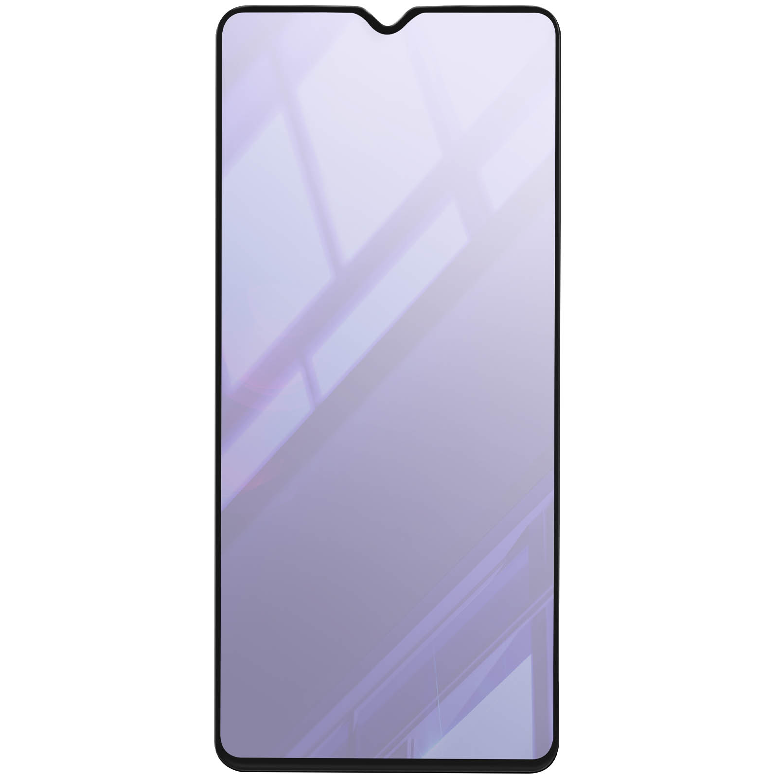 Una protezione per lo schermo di un telefono. Ha un bordo nero e una superficie in vetro viola. La luce si riflette nel vetro.