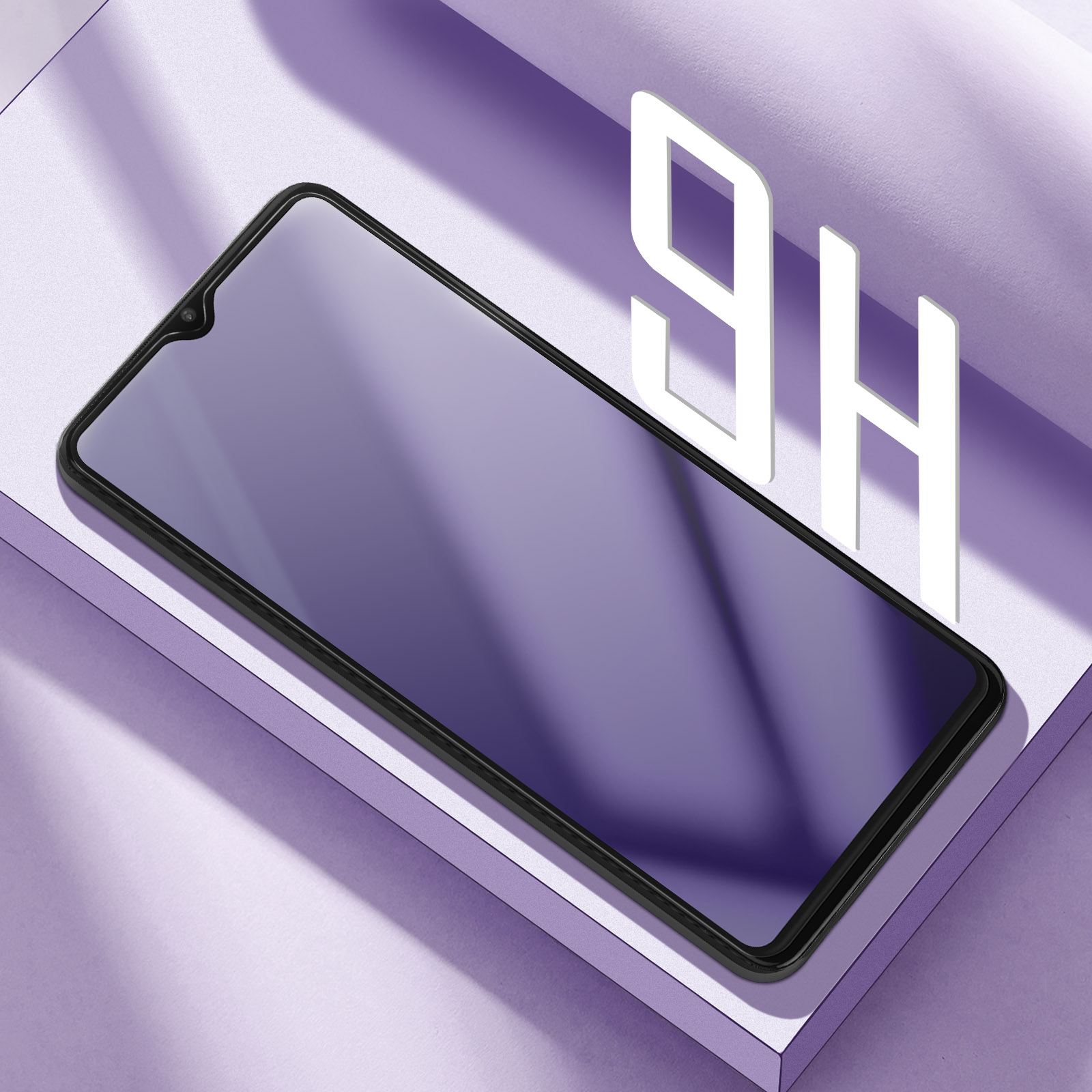 Uno smartphone con cornice nera e schermo viola è posizionato su una superficie viola. Testo bianco '9H' sullo sfondo.
