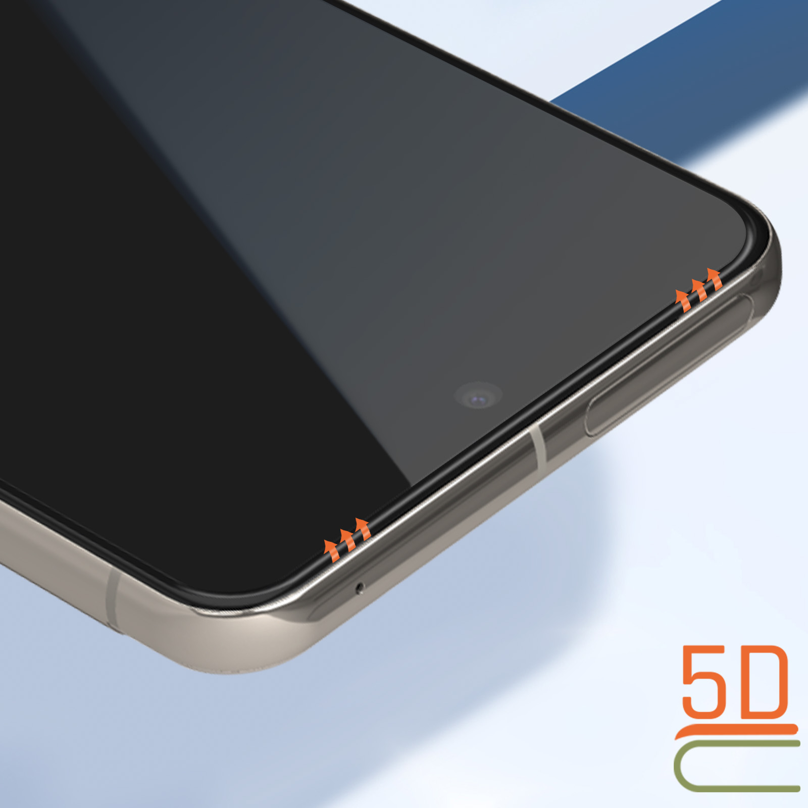 Primo piano di uno smartphone con protezione schermo. Frecce arancioni indicano il bordo della protezione. Testo 5D in basso a destra.