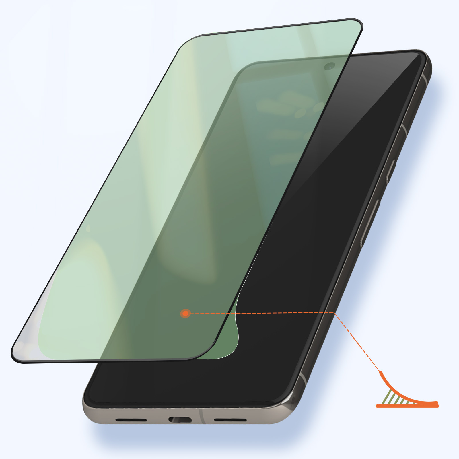 Pellicola protettiva per telefono applicata a uno smartphone nero. Un vetro verde è sopra il telefono.