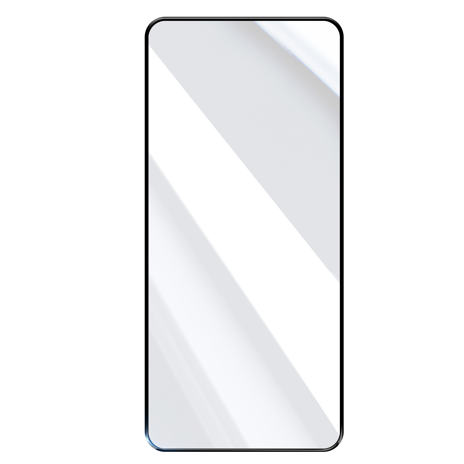 Un proteggi schermo per telefono con cornice nera e sfondo bianco. Ombre diagonali sullo schermo.