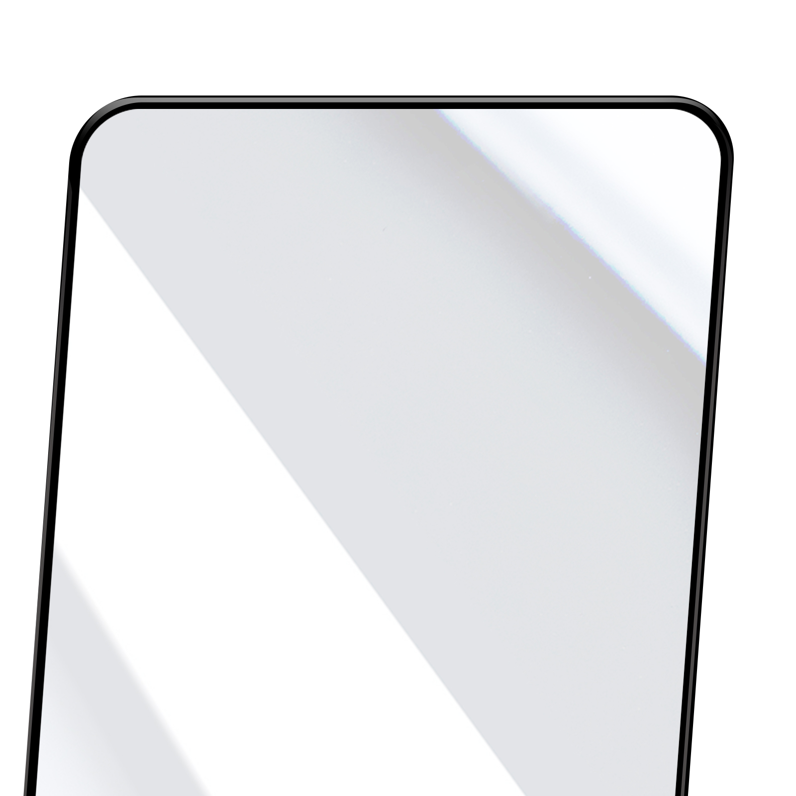 Un proteggi schermo per smartphone. Ha un bordo nero e una superficie bianca/grigia con un'ombra diagonale.