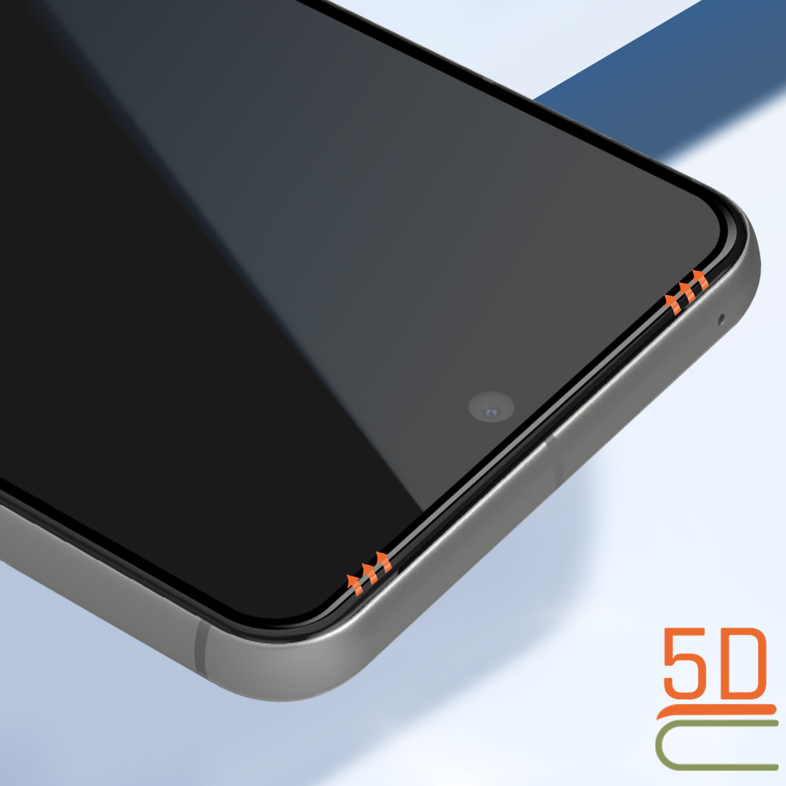 Primo piano di uno smartphone con schermo nero. Lo schermo è circondato da una sottile cornice nera. Frecce arancioni indicano il bordo.