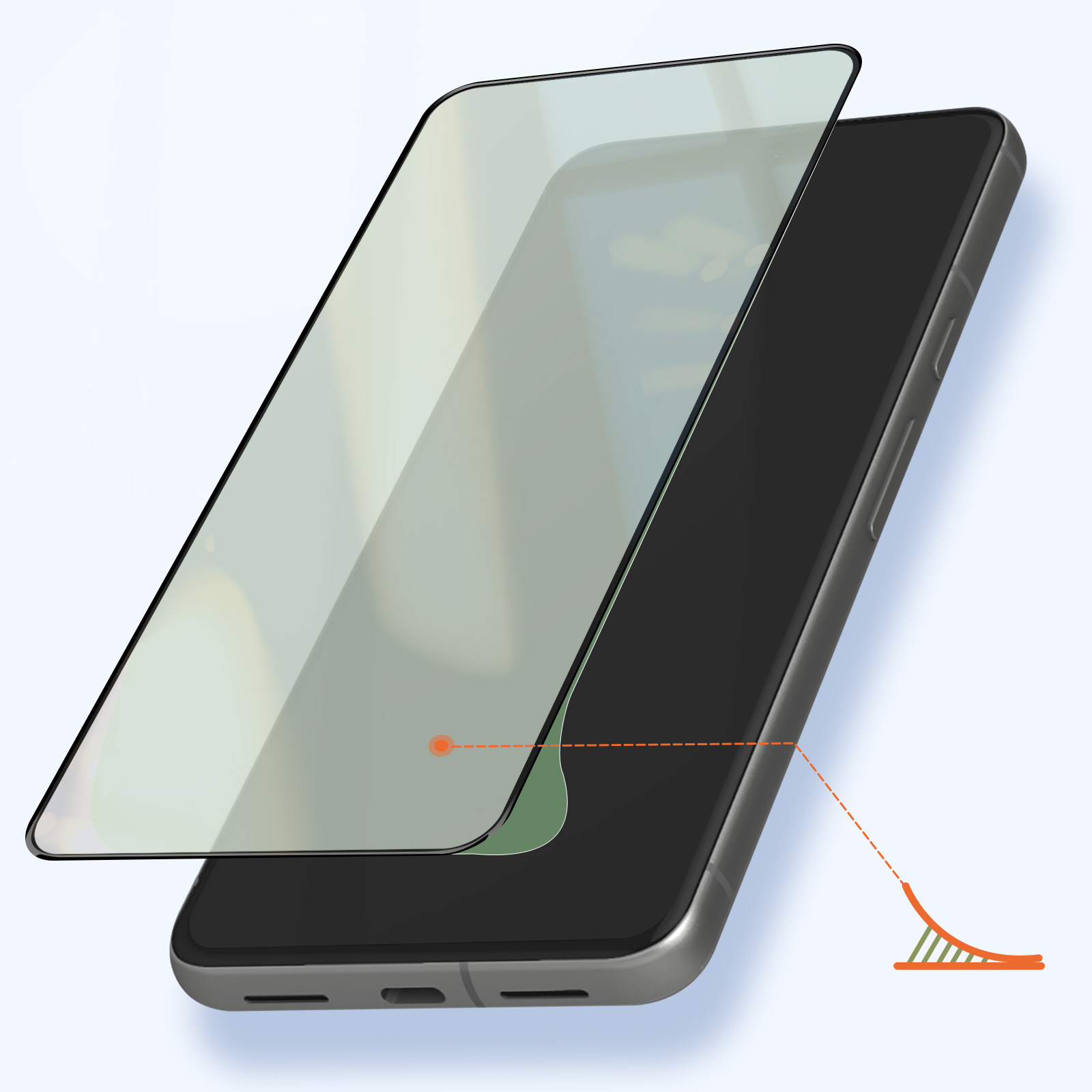 Un telefono con una protezione per lo schermo. La protezione è trasparente e leggermente sollevata. Una linea arancione indica il bordo.