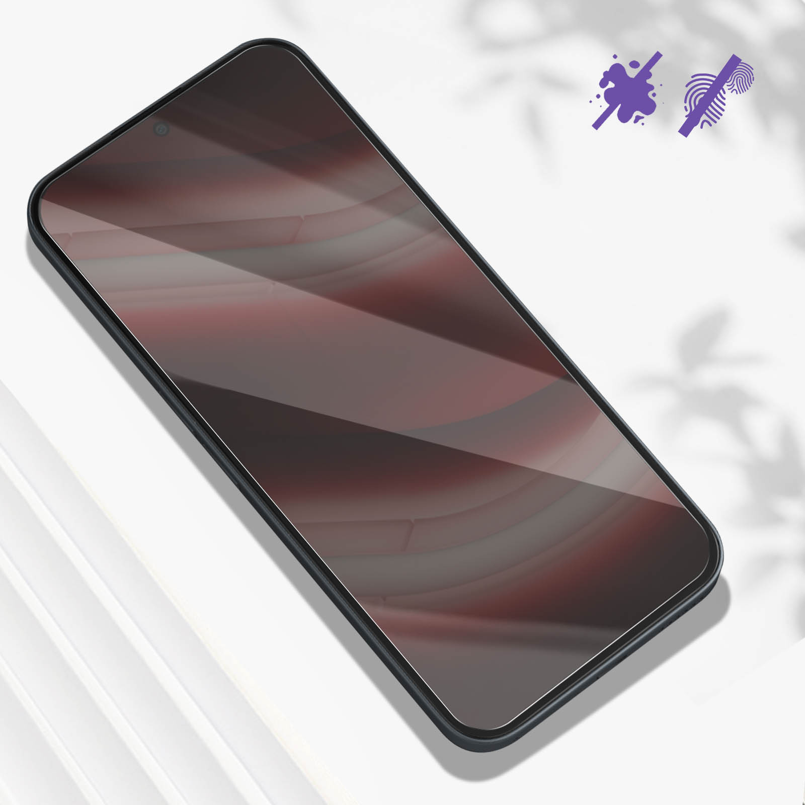 Uno smartphone con cornice nera e protezione schermo. Lo schermo ha un motivo sfumato. Simboli viola in alto a destra.