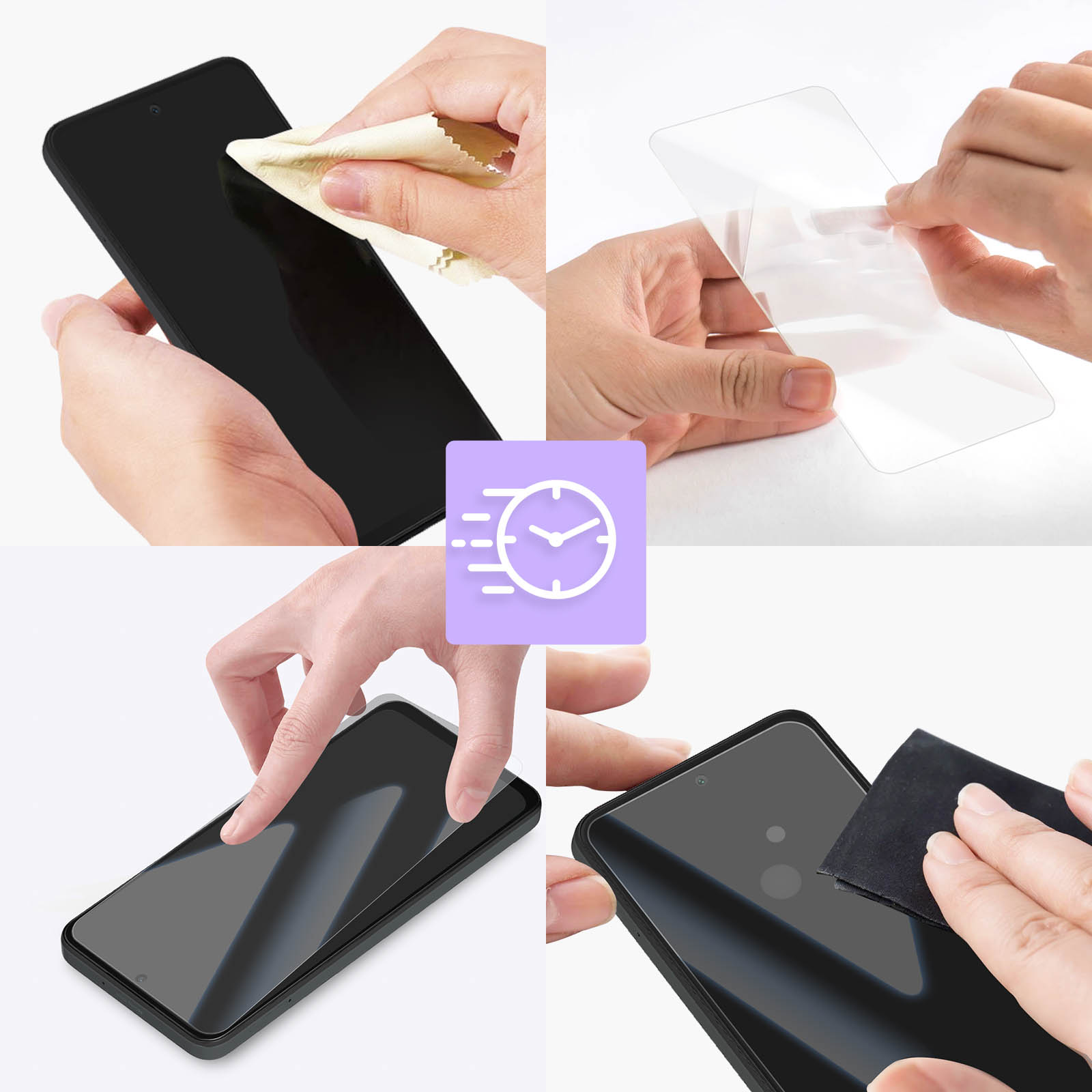 Mani che puliscono e applicano una protezione per lo schermo a uno smartphone nero. Icona orologio al centro.