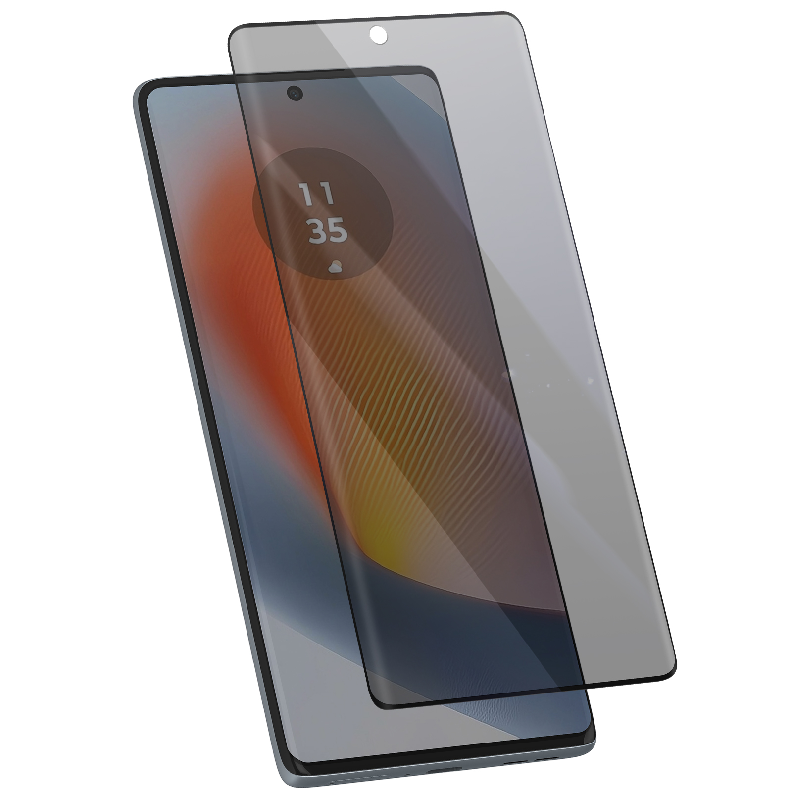 Uno smartphone con protezione schermo. Lo schermo mostra l'ora. La protezione è parzialmente trasparente.