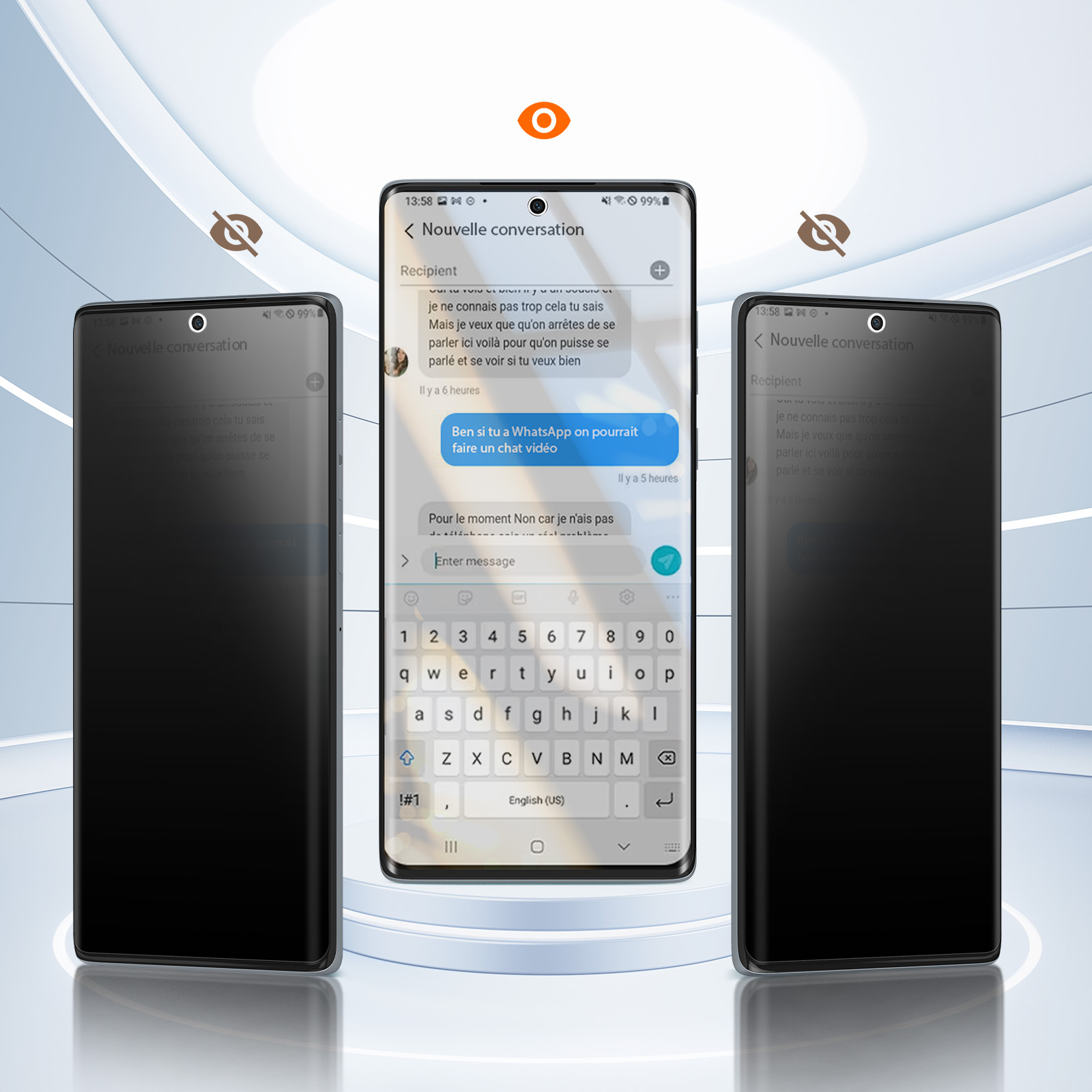 Tre telefoni in vista. Il telefono centrale è attivo, mostra una conversazione in chat e una tastiera. Gli altri due telefoni sono neri.