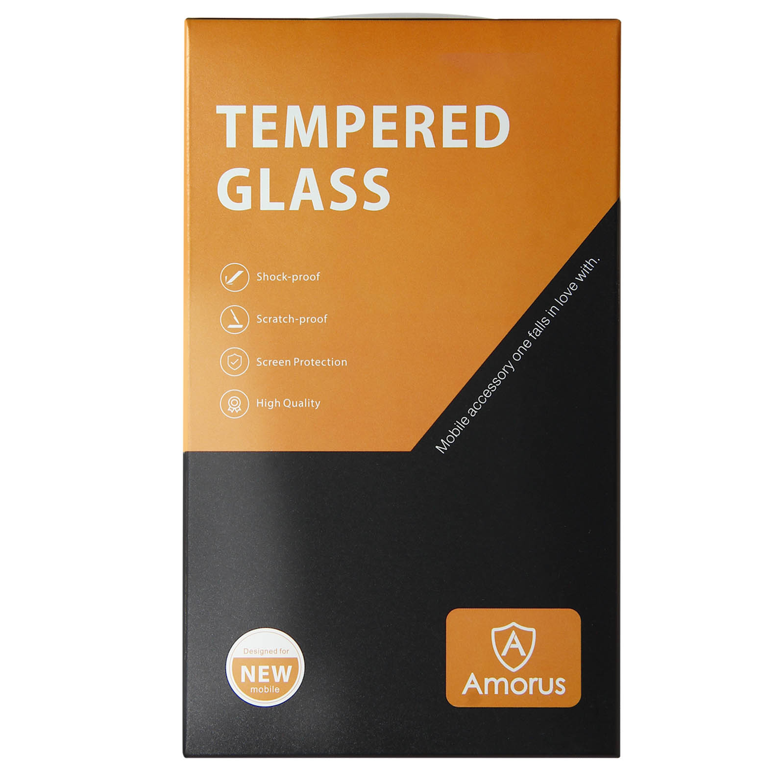 Scatola di protezione schermo in vetro temperato. Il testo include 'Tempered Glass', 'Antiurto', 'Antigraffio' e il marchio 'Amorus'.