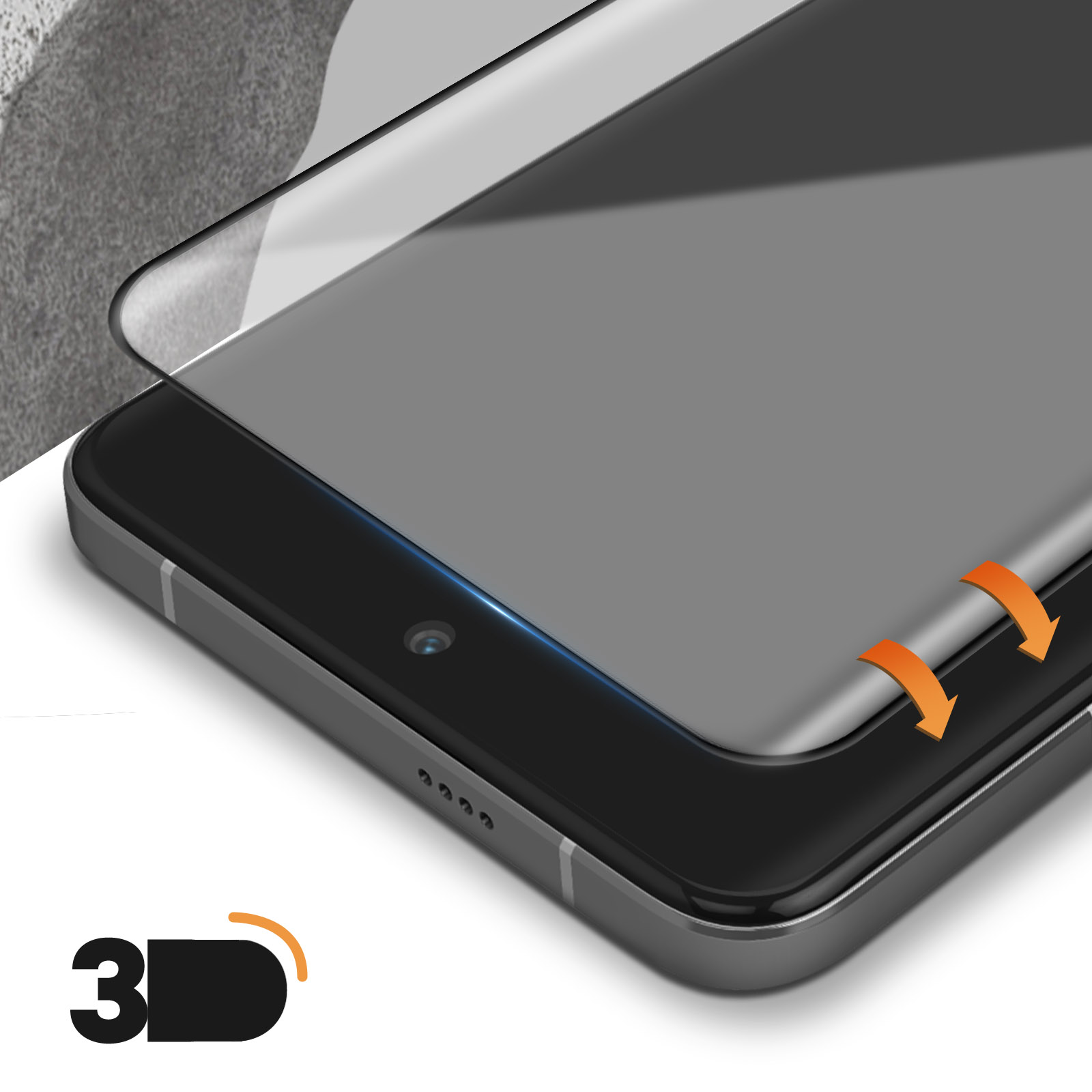 Uno schermo del telefono con una protezione per lo schermo in fase di applicazione. Due frecce arancioni indicano la direzione di applicazione. Logo 3D visibile.