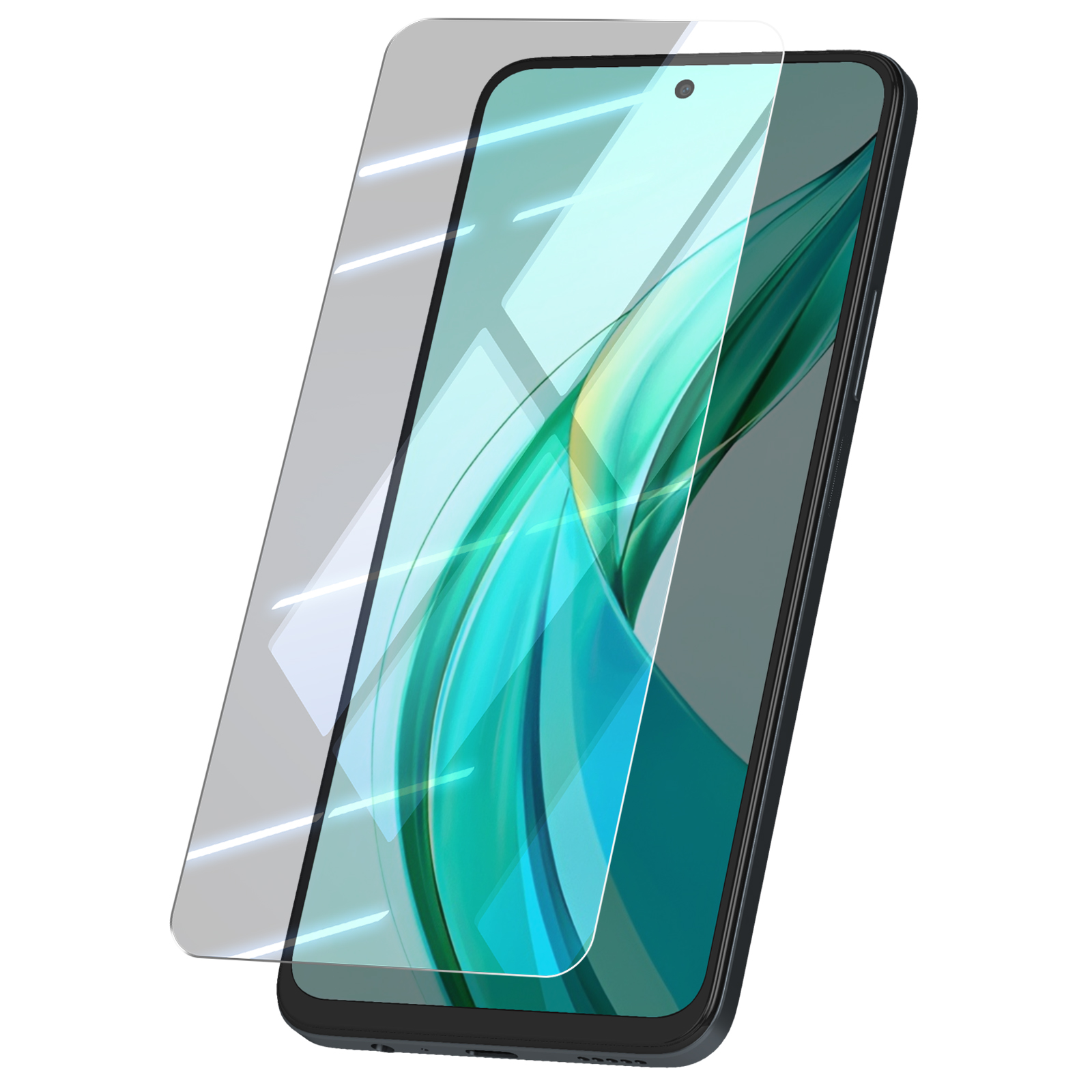 Uno smartphone con una protezione per lo schermo applicata. Il telefono è nero con un design astratto verde e blu sullo schermo.
