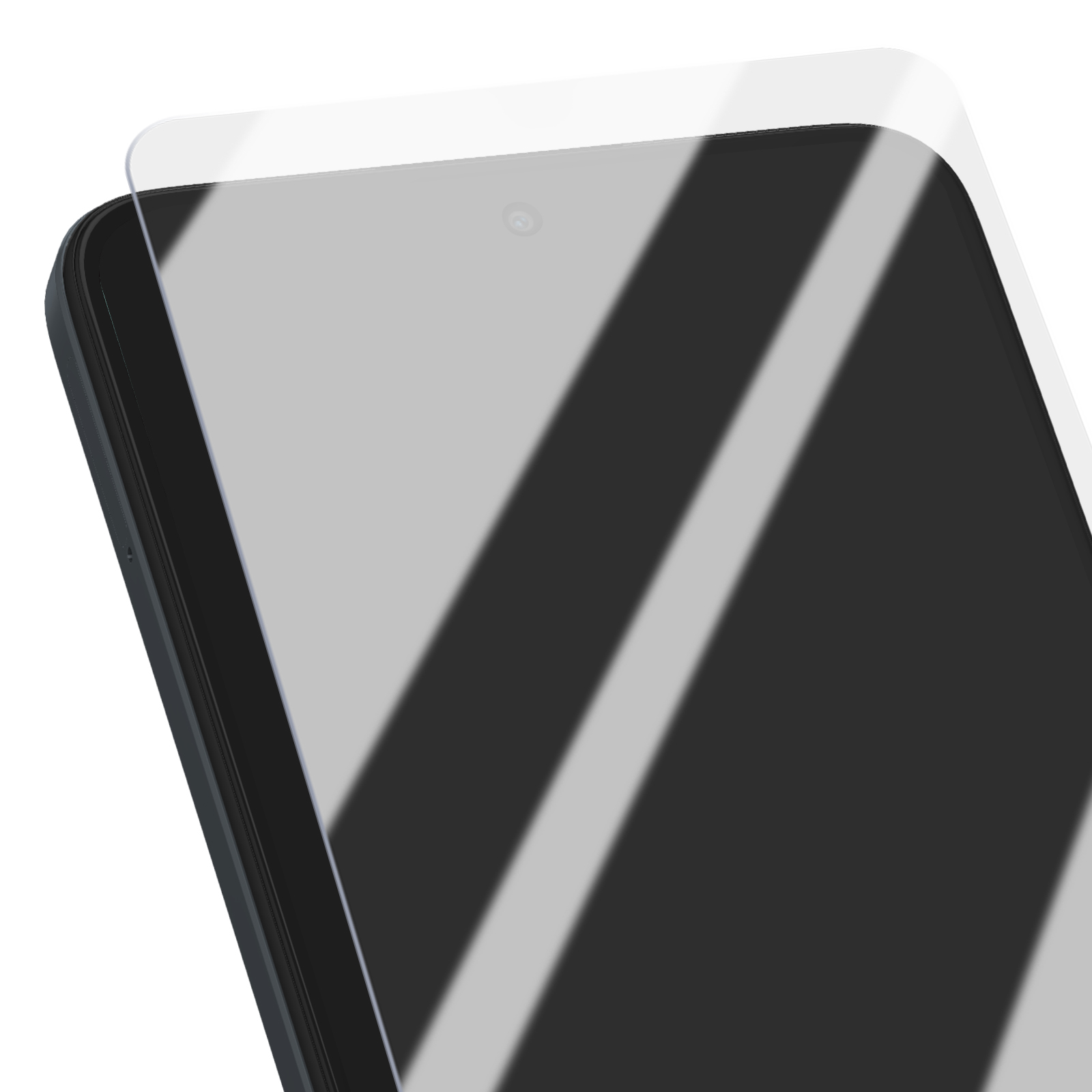 Primo piano di uno smartphone con una protezione schermo applicata. Il telefono è scuro e la protezione trasparente, angolata dall'alto a sinistra.
