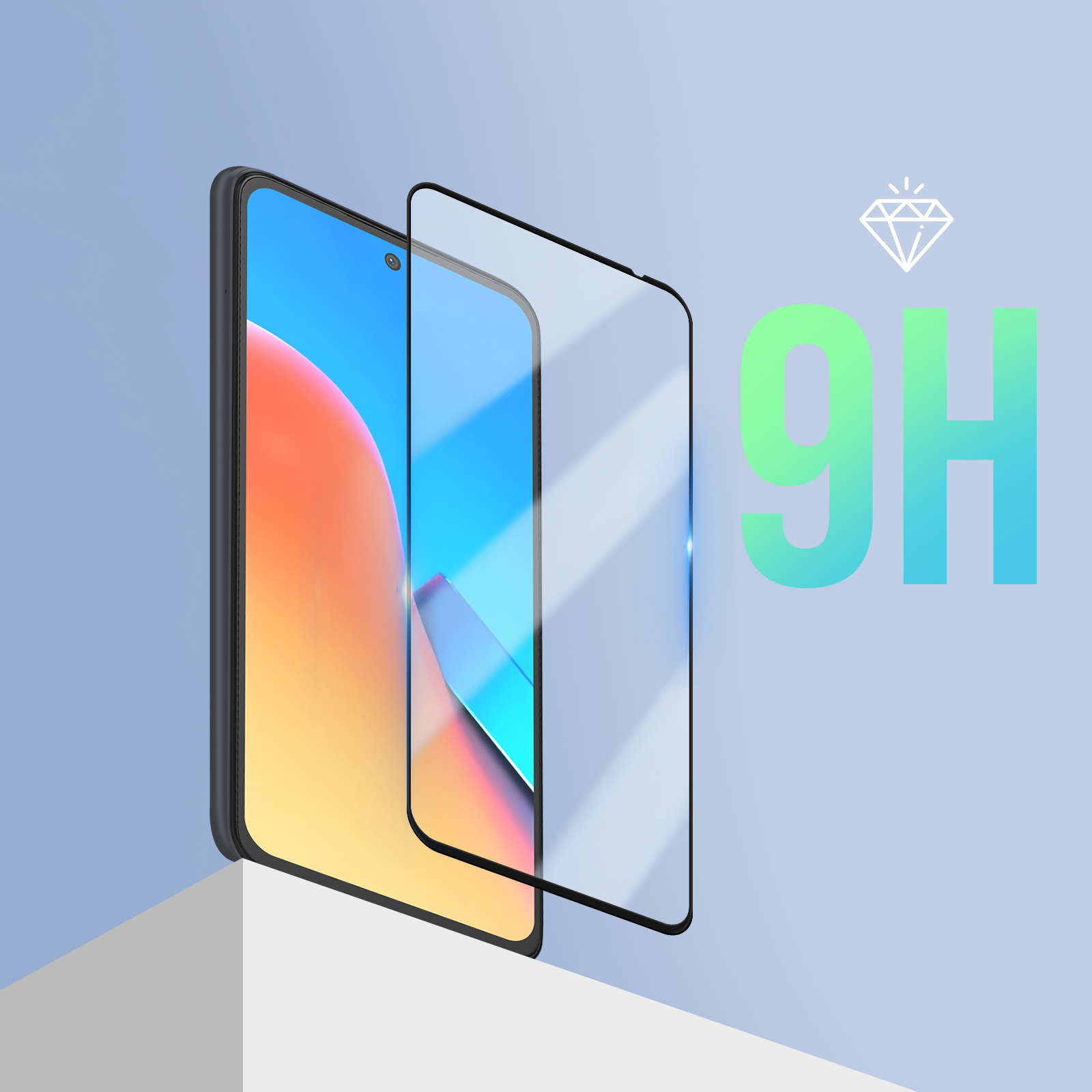 Un telefono con una protezione per lo schermo applicata. Un simbolo a diamante e la scritta 9H sono a destra. Sfondo blu.