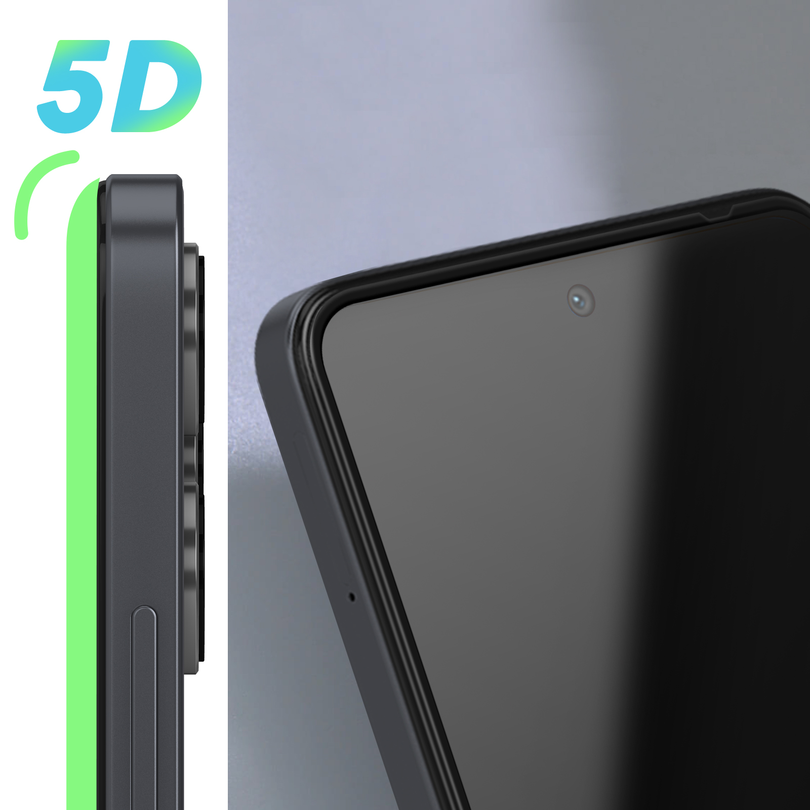 Primo piano di un telefono con schermo nero. Il lato con le lenti della fotocamera è visibile e il telefono ha una cornice nera.
