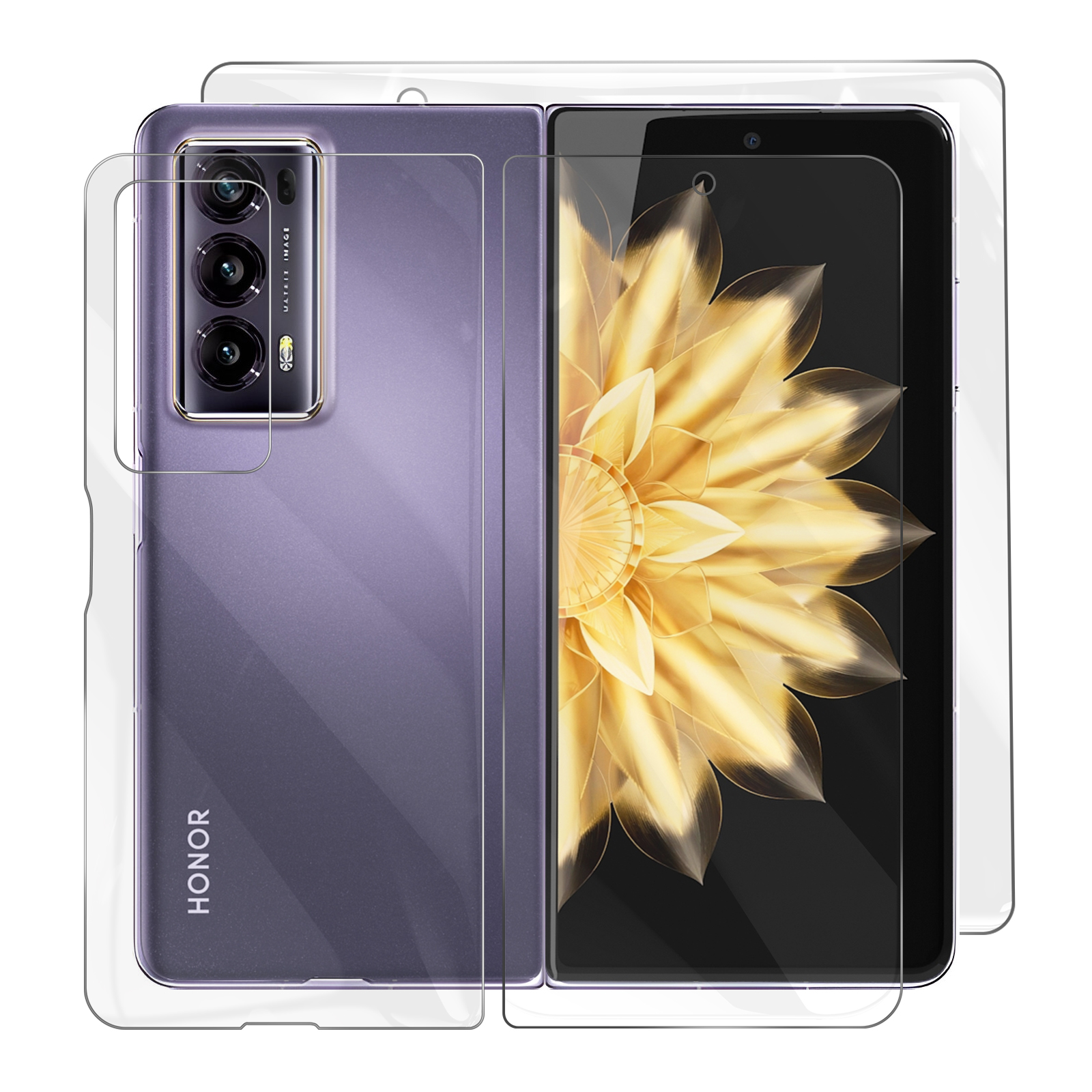 Un telefono Honor viola con una protezione per lo schermo. Lo schermo mostra un design floreale dorato. Sono applicate protezioni trasparenti.