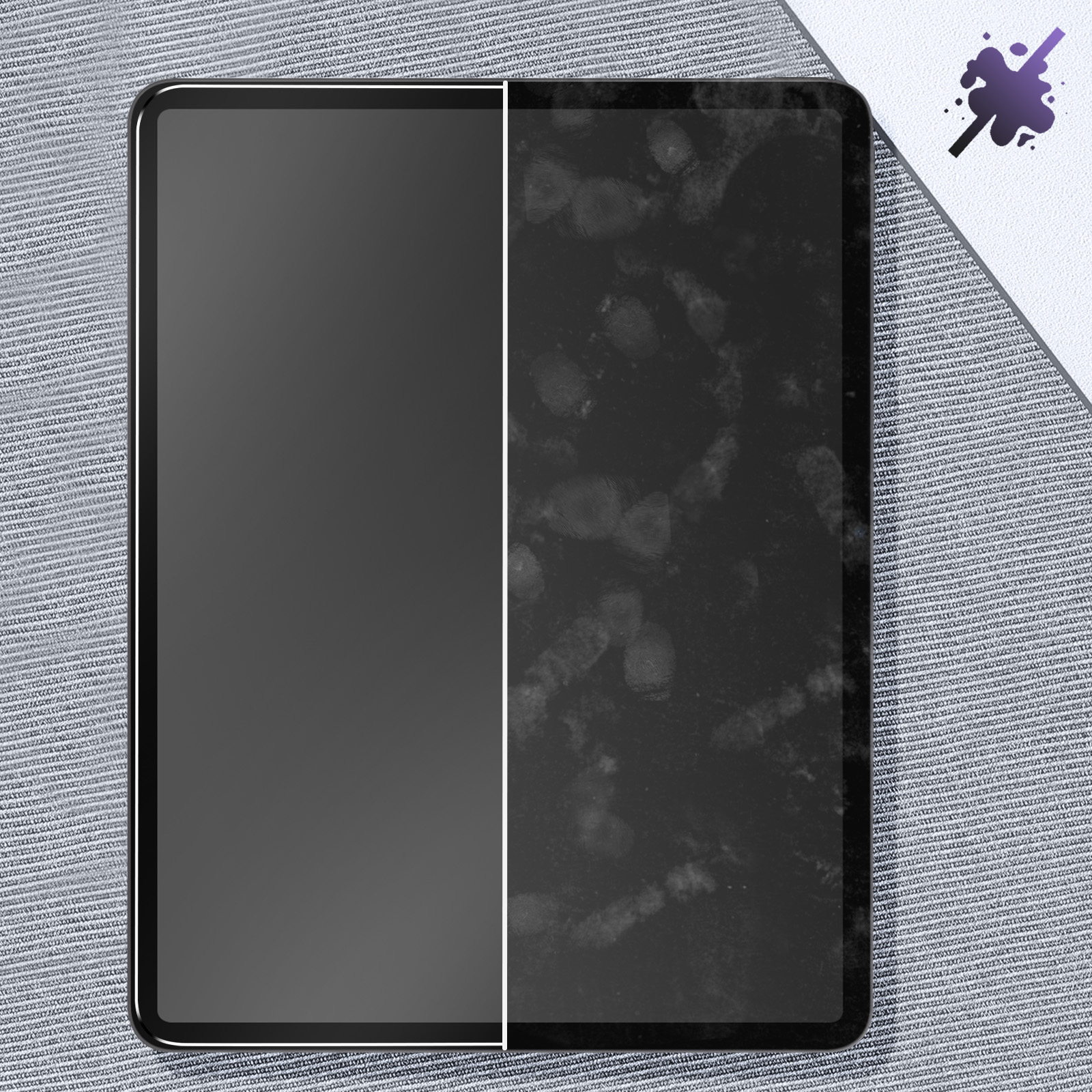 Schermo del tablet diviso. Il lato sinistro è pulito e grigio. Il lato destro è coperto di impronte digitali.