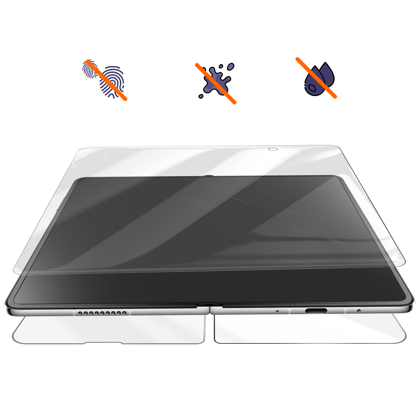 Un tablet con protezione schermo, con simboli per niente impronte digitali, niente versamenti, niente gocce d'acqua sopra.
