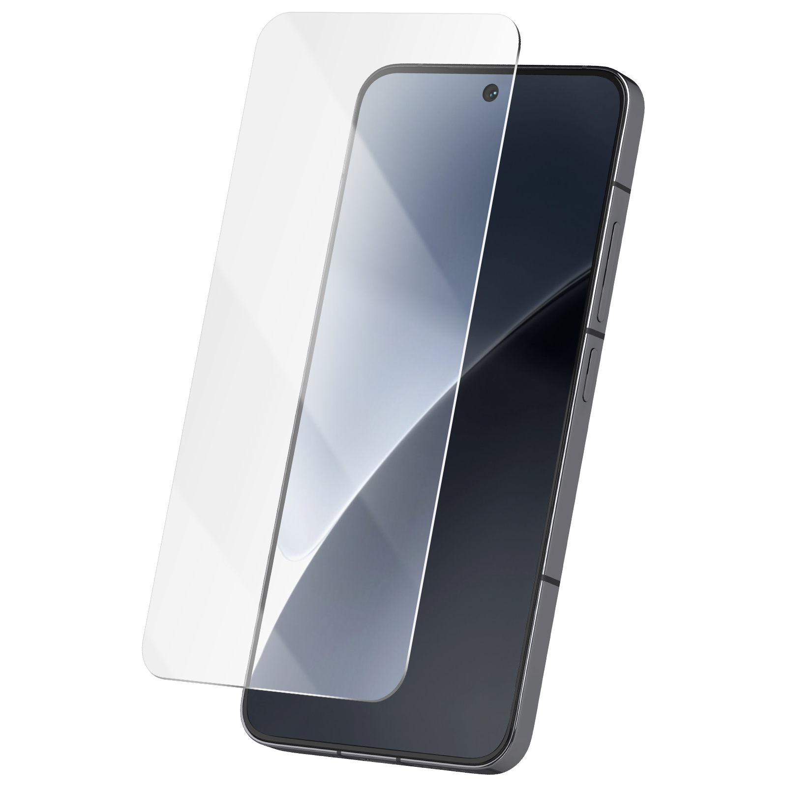 Uno smartphone con protezione schermo, su sfondo bianco. Il telefono è nero, la protezione è trasparente.