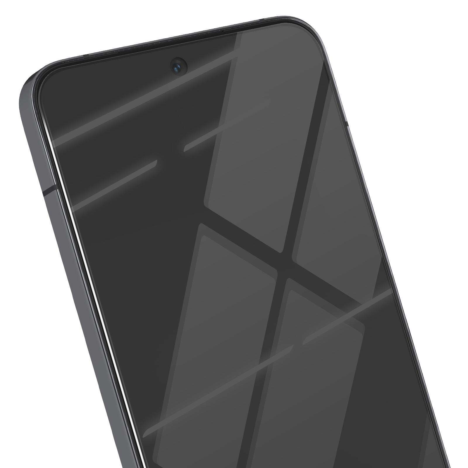 Primo piano di uno smartphone. Ha uno schermo grigio scuro e una fotocamera in alto. Lo schermo riflette la luce.