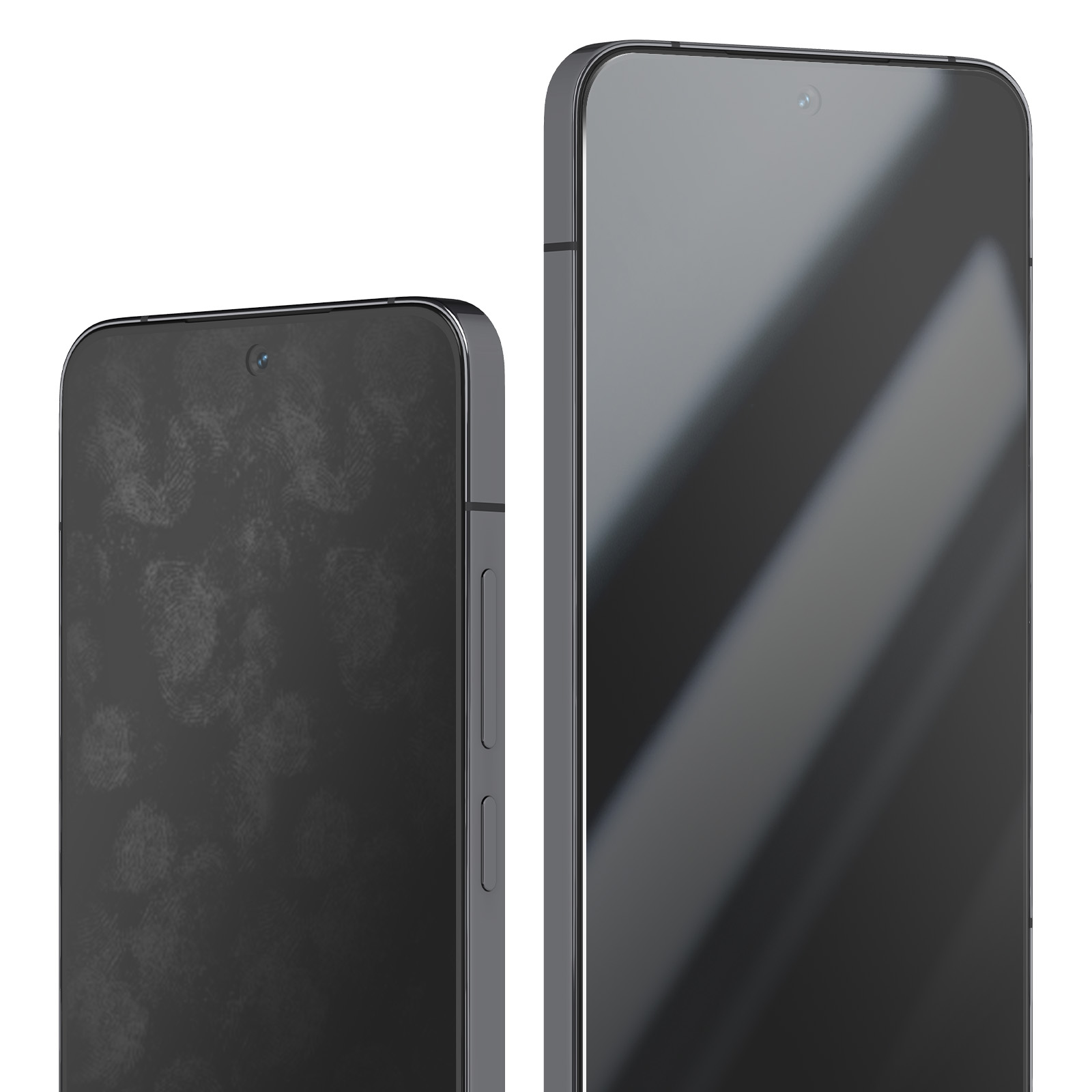 Due smartphone scuri con sfondo bianco. Uno mostra impronte digitali. L'altro ha una superficie riflettente. Entrambi hanno fotocamere.