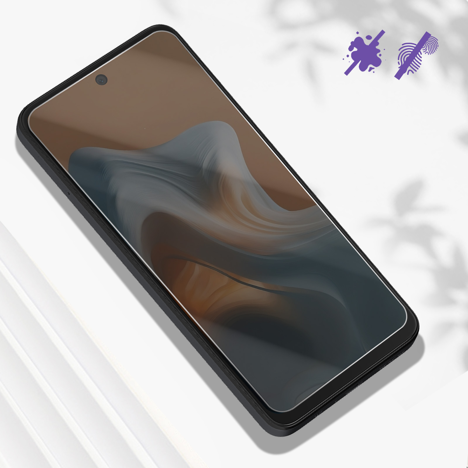 Uno smartphone con una protezione per lo schermo. Il telefono è nero, con schermo marrone e grigio. Ci sono icone viola.