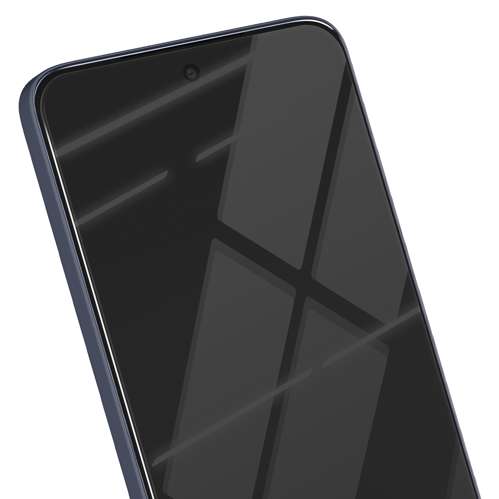 Primo piano di uno smartphone. Lo schermo è nero e riflettente. Il telefono ha una cornice blu scuro e una fotocamera frontale.