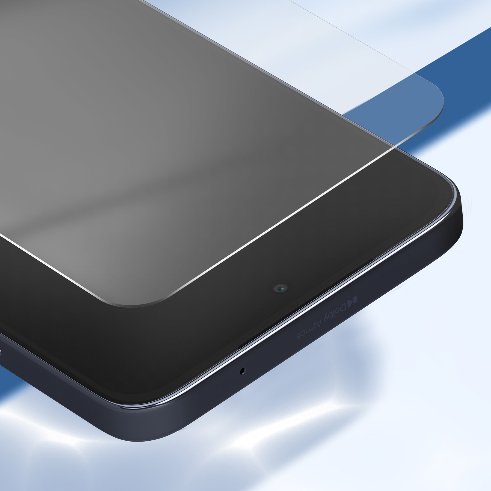 Un tablet con una protezione per lo schermo applicata. Lo schermo è scuro e riflettente. Lo sfondo è una sfumatura di blu e bianco.