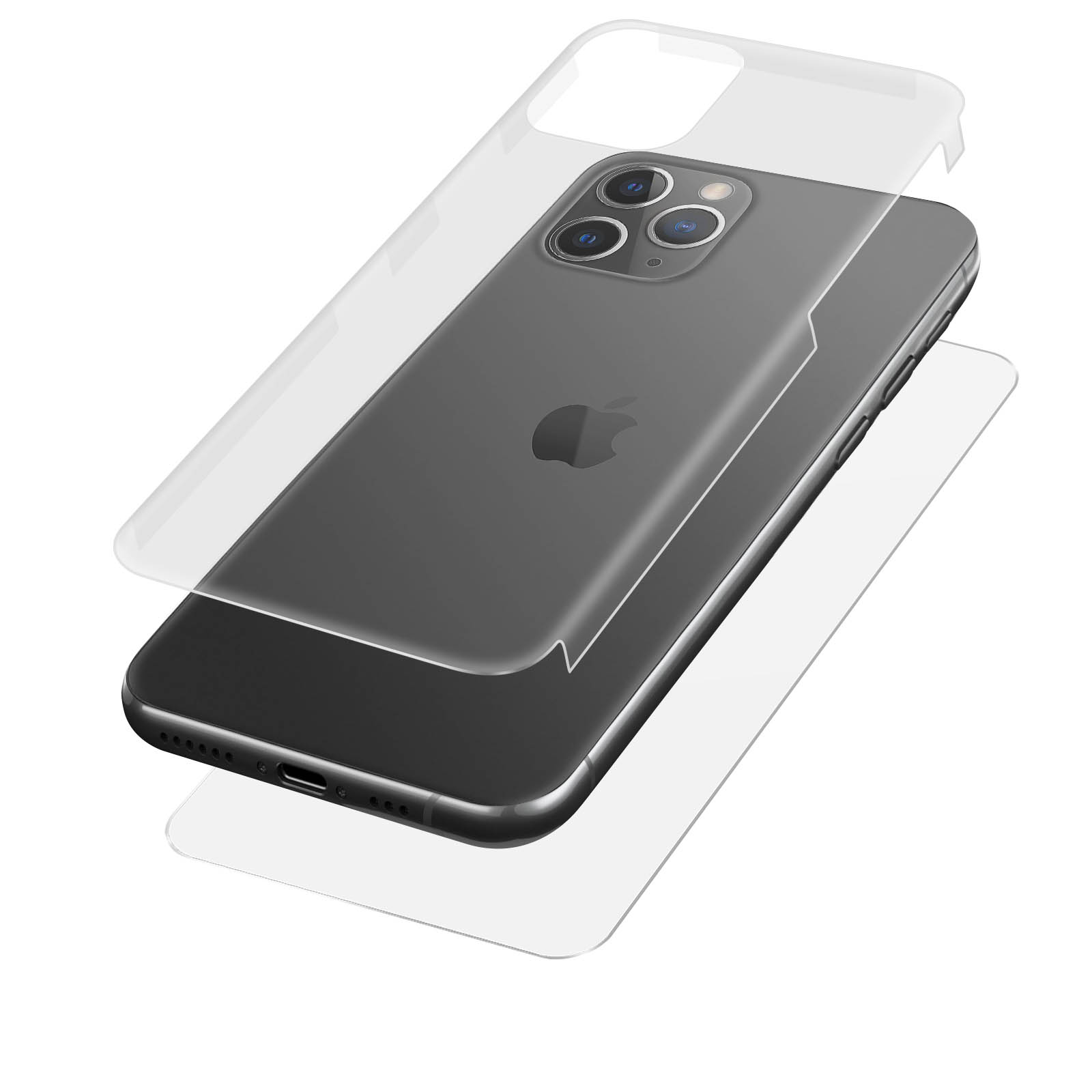 Un iPhone grigio scuro con custodia trasparente e protezione schermo, la custodia è rimossa. Logo Apple visibile.