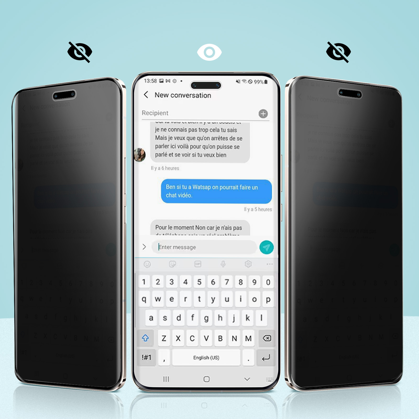 Tre smartphone. Quello centrale mostra una chat con tastiera. Gli altri sono schermi scuri.