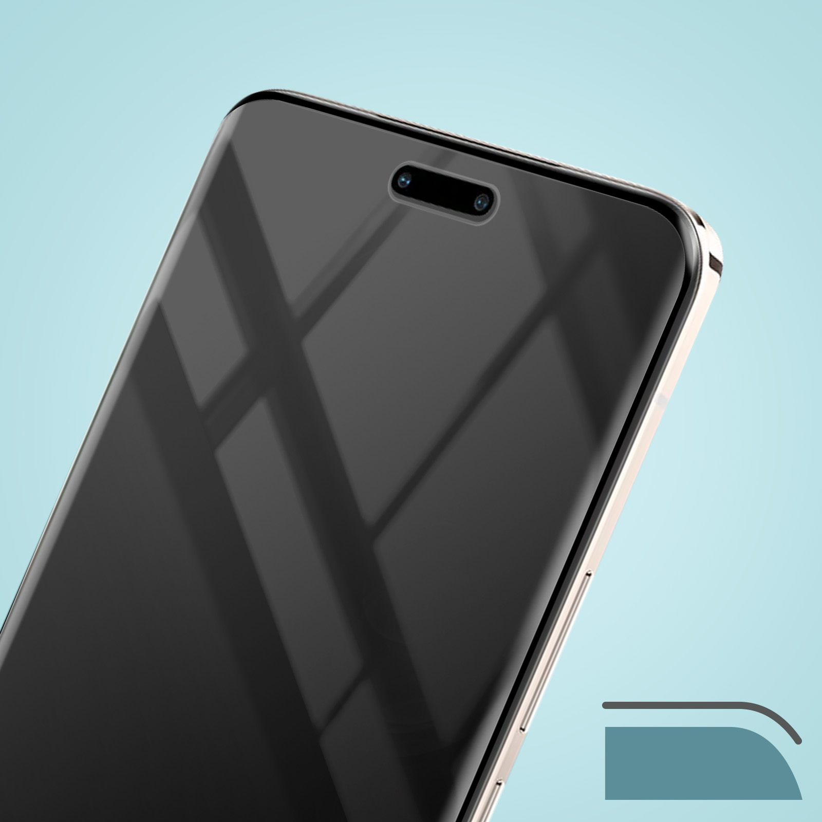 Primo piano di uno smartphone. Lo schermo è nero e riflettente, con un ritaglio per la fotocamera. Il telefono ha una cornice dorata.