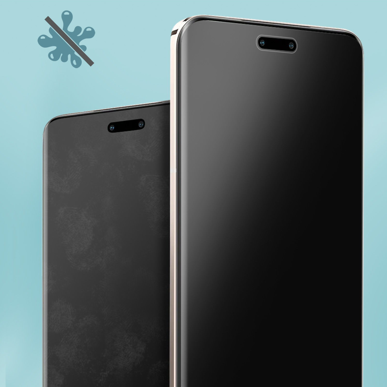 Due smartphone neri con ritagli per fotocamera su sfondo azzurro. Uno ha impronte digitali. Icona anti-schizzo.