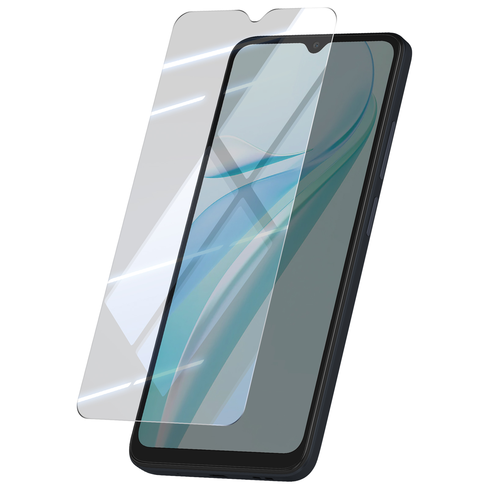 Uno smartphone nero con una protezione per lo schermo. La protezione viene applicata allo schermo. Sfondo bianco.