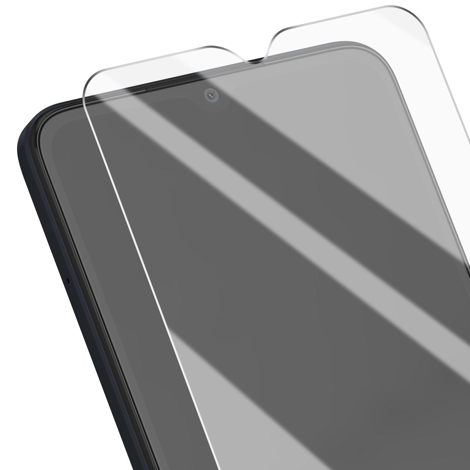 Uno smartphone con una protezione per lo schermo applicata. Il telefono è grigio scuro, la protezione è trasparente.