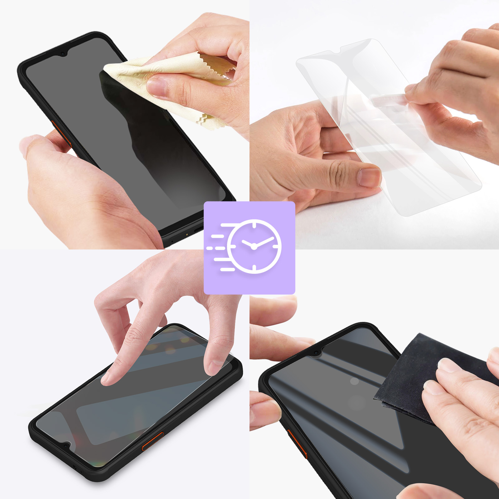 Immagine a quattro pannelli che mostra l'applicazione di una protezione per lo schermo del telefono. Pulizia, rimozione, allineamento e lisciatura.