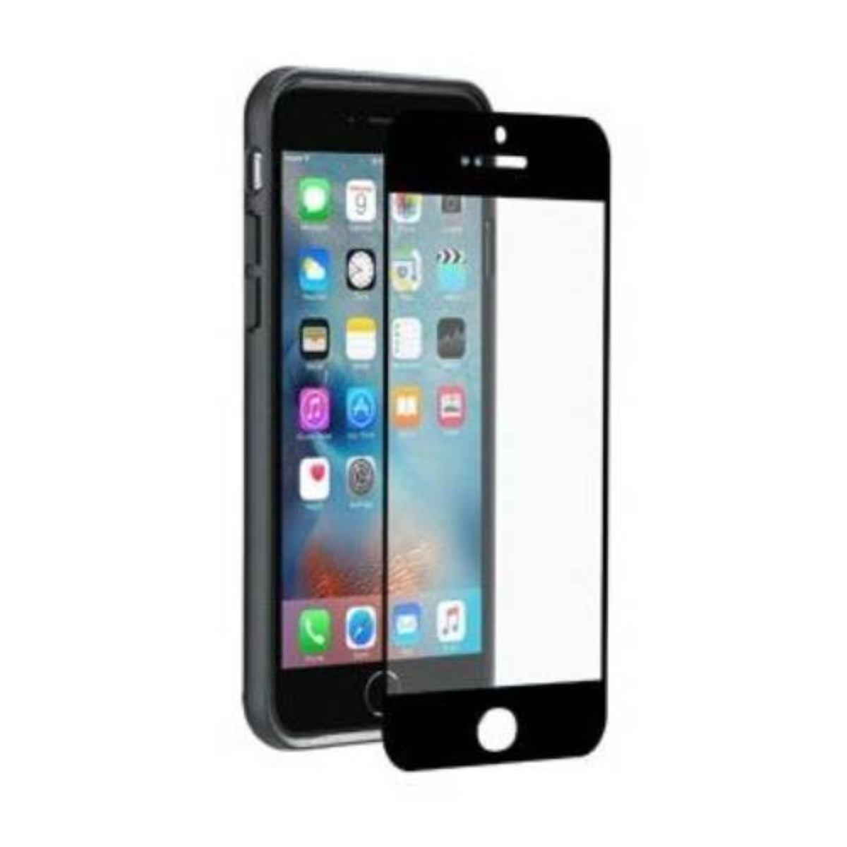 Uno smartphone con app visibili sullo schermo e una protezione per lo schermo nera accanto.
