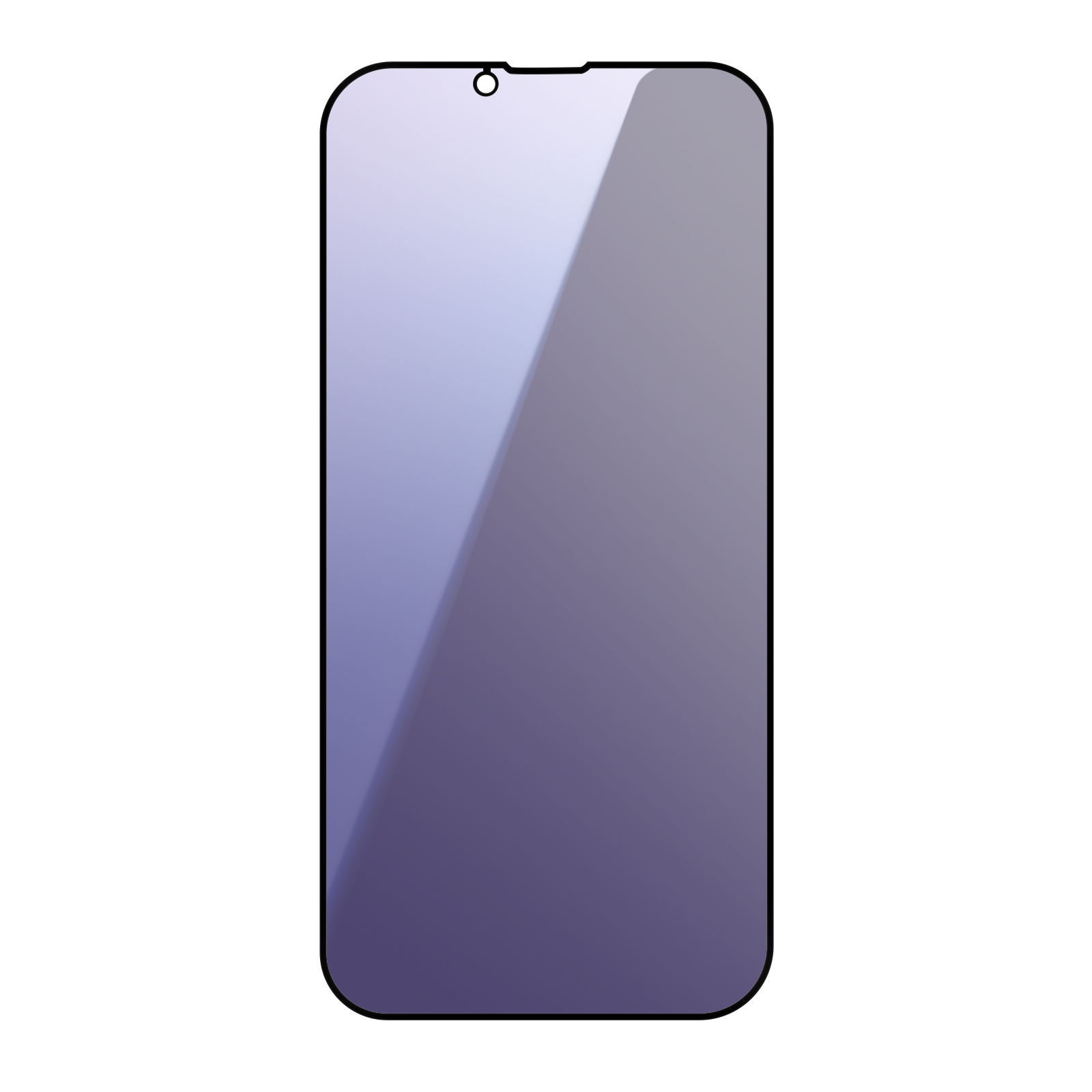 Un proteggi schermo per smartphone con una sfumatura da viola a blu, cornice nera e un piccolo ritaglio per la fotocamera in alto.