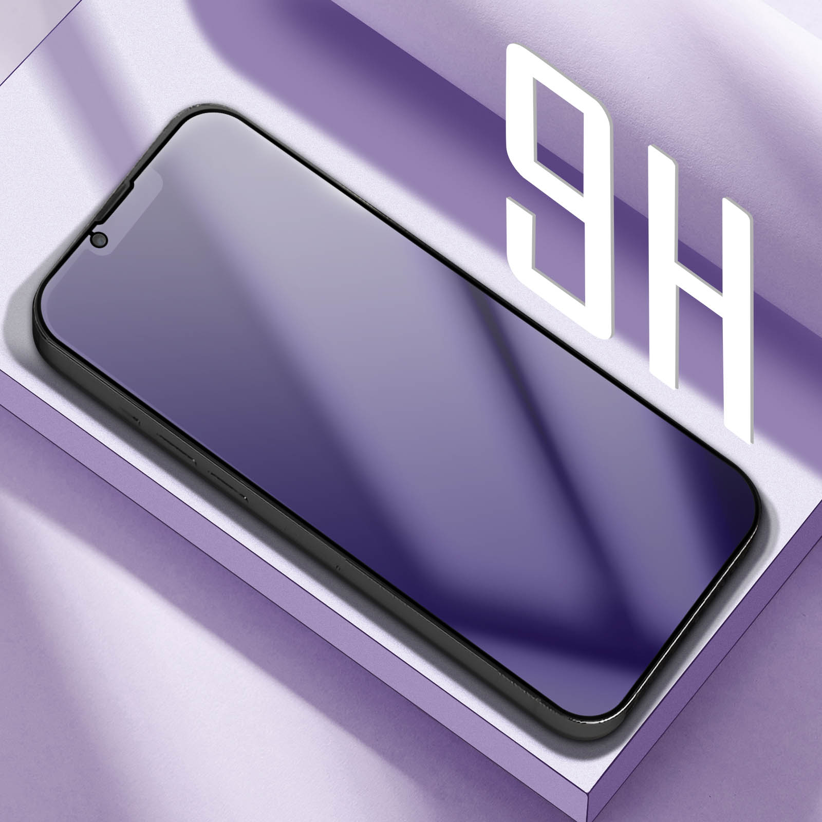 Uno smartphone con protezione schermo viola su una superficie viola. Testo bianco '9H' dietro.