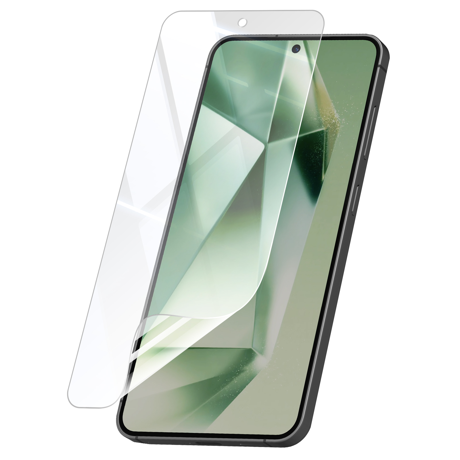 Viene mostrato uno smartphone con protezione schermo. Il telefono è nero con schermo verde e protezione trasparente.