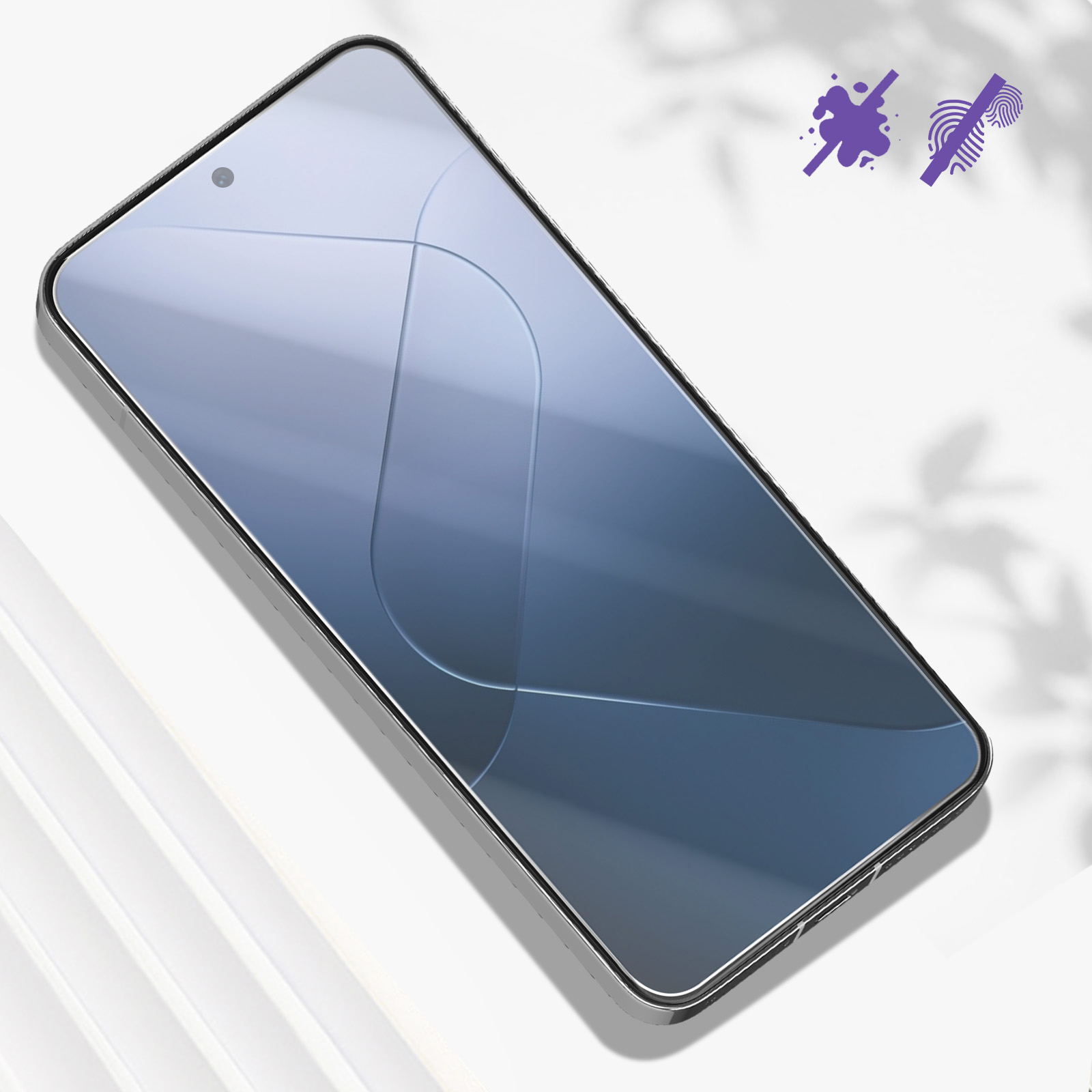 Una protezione per lo schermo. Lo schermo è azzurro con linee curve. Due icone mostrano la resistenza alle macchie e alle impronte digitali.