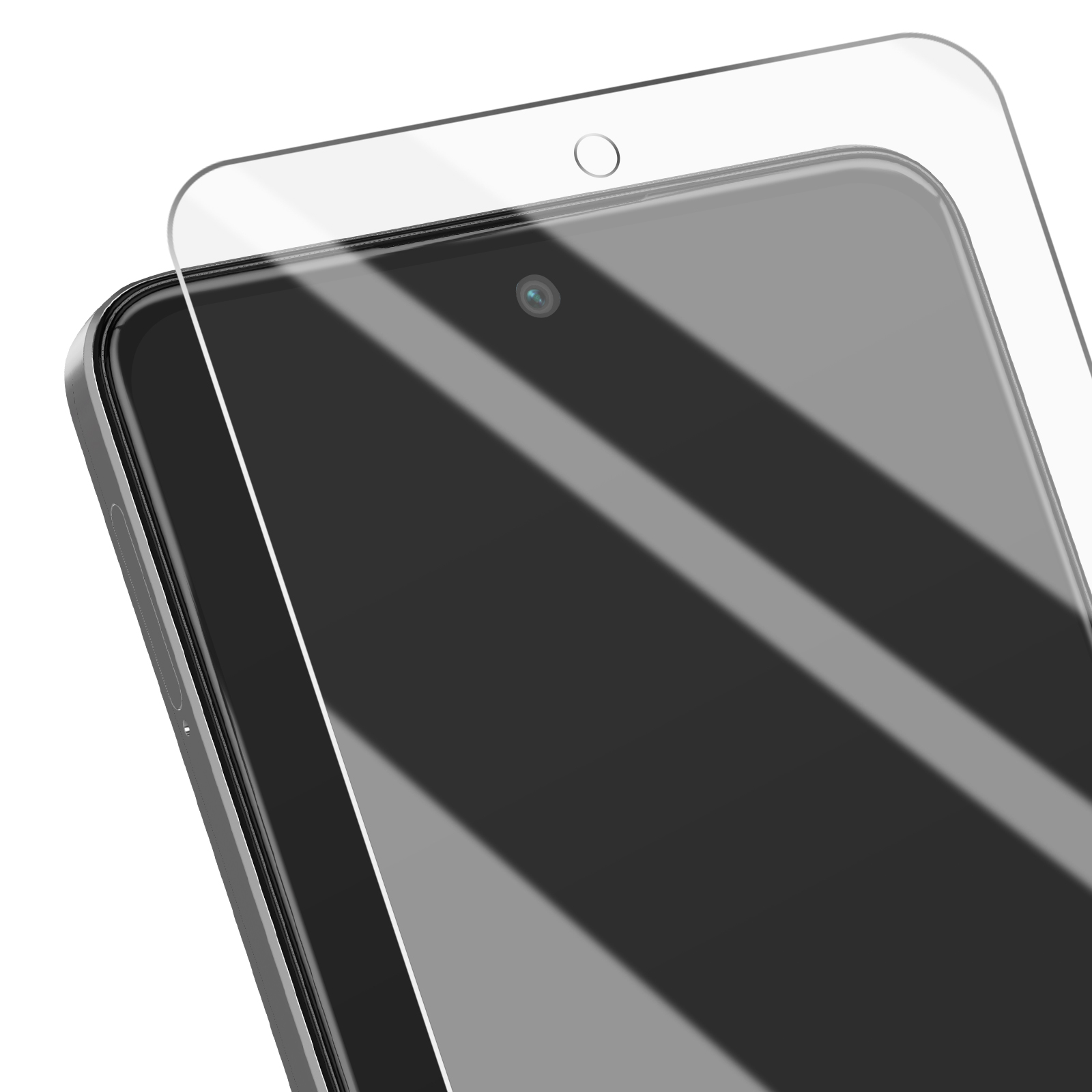 Uno smartphone con una protezione per lo schermo applicata. Lo schermo è nero, con un obiettivo della fotocamera. La protezione è trasparente.