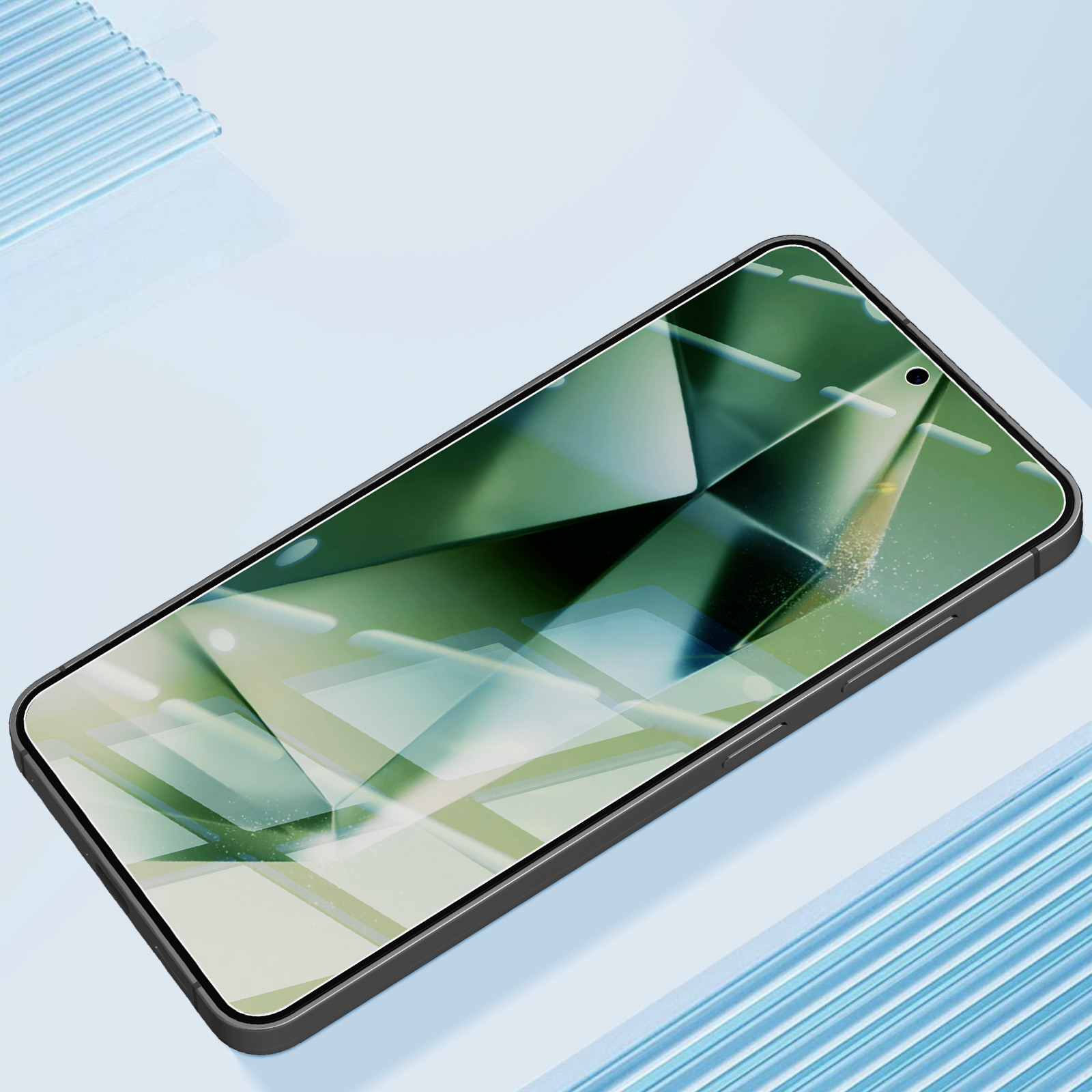 Uno smartphone con un design geometrico verde sullo schermo. Il telefono è nero e si trova su una superficie azzurra.