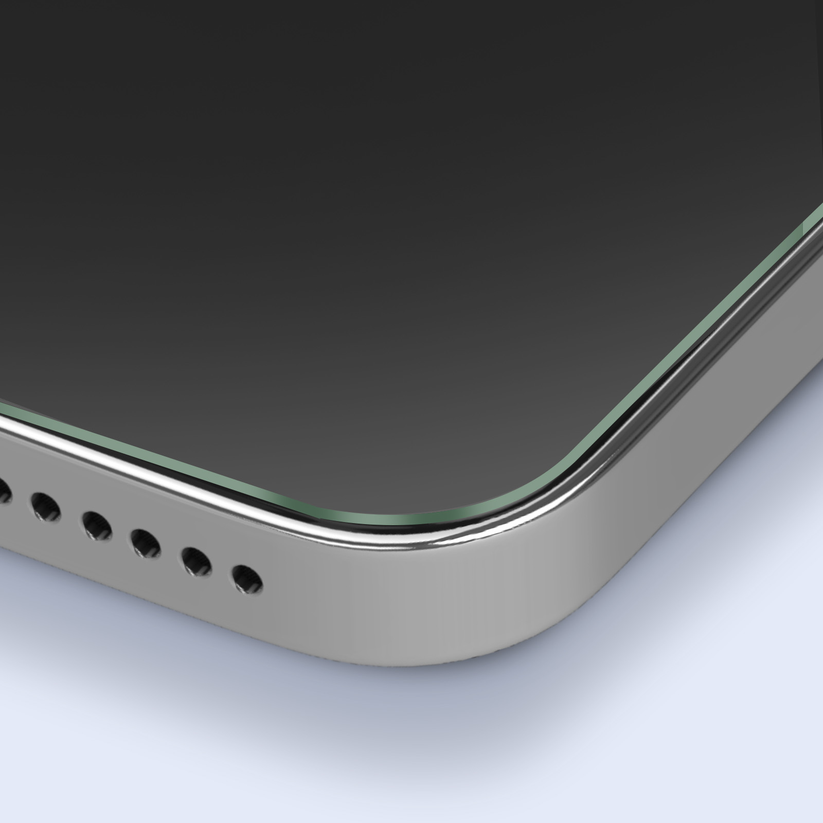 Primo piano di uno smartphone argentato. Ha uno schermo nero, una cornice argentata curva con fori e sfondo azzurro.