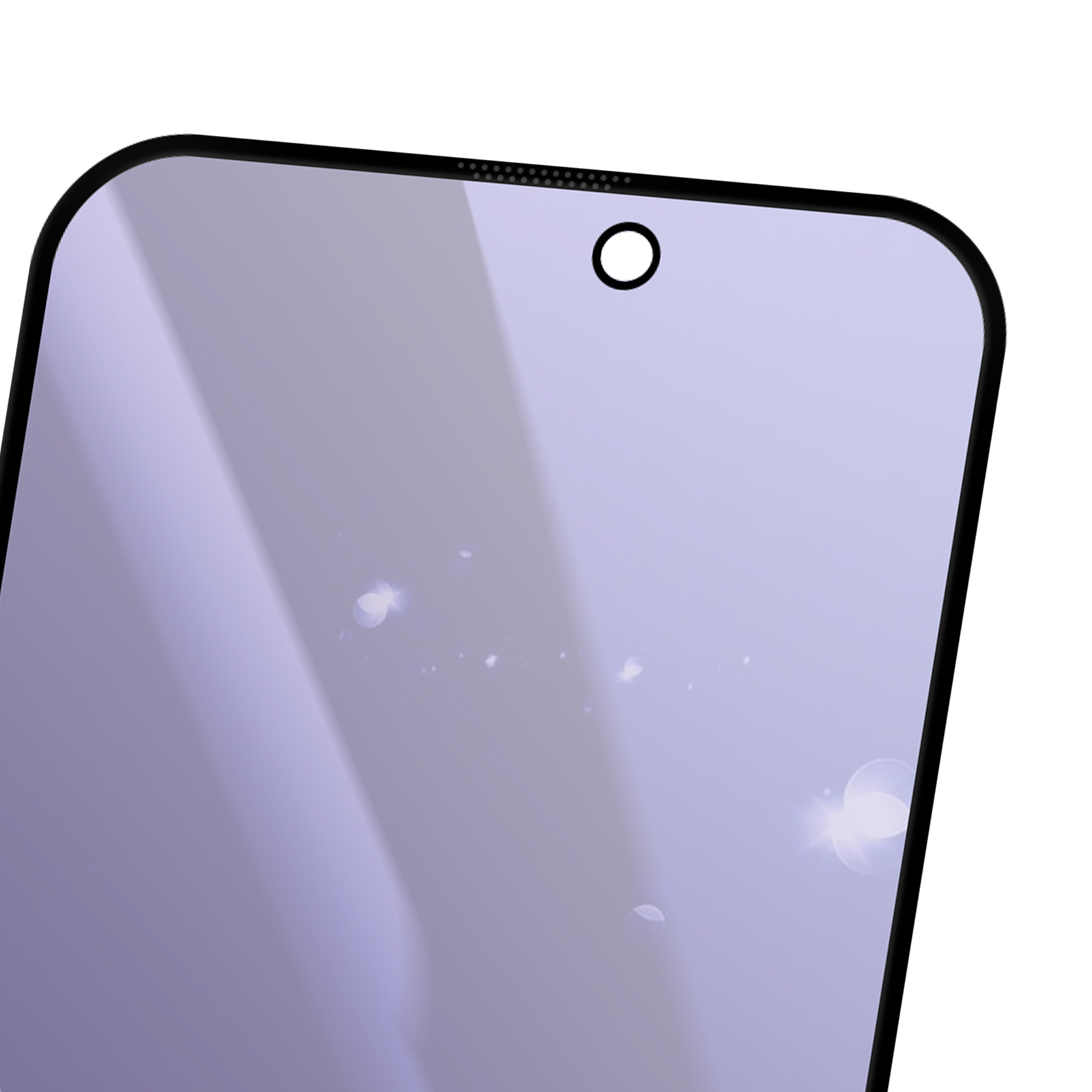 Uno schermo di smartphone. Ha una cornice nera, una fotocamera frontale e un display lilla chiaro.