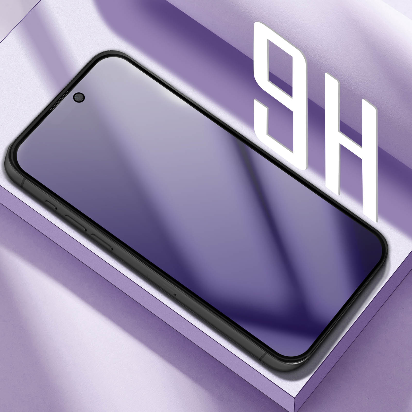 Uno smartphone nero con schermo viola e testo bianco '9H' su superficie viola.