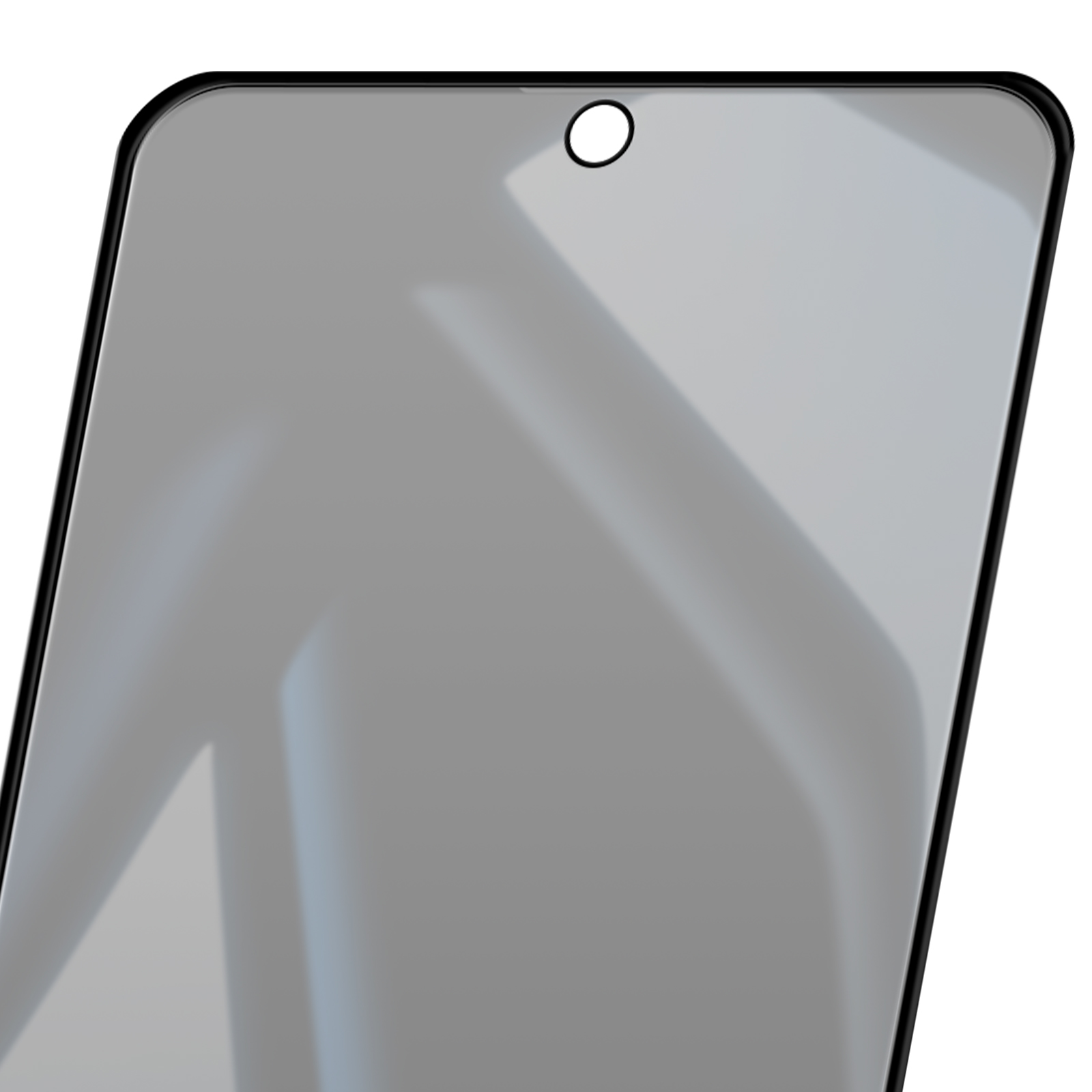 Primo piano di una protezione per lo schermo dello smartphone. È grigio, con un bordo nero e un foro per la fotocamera anteriore.