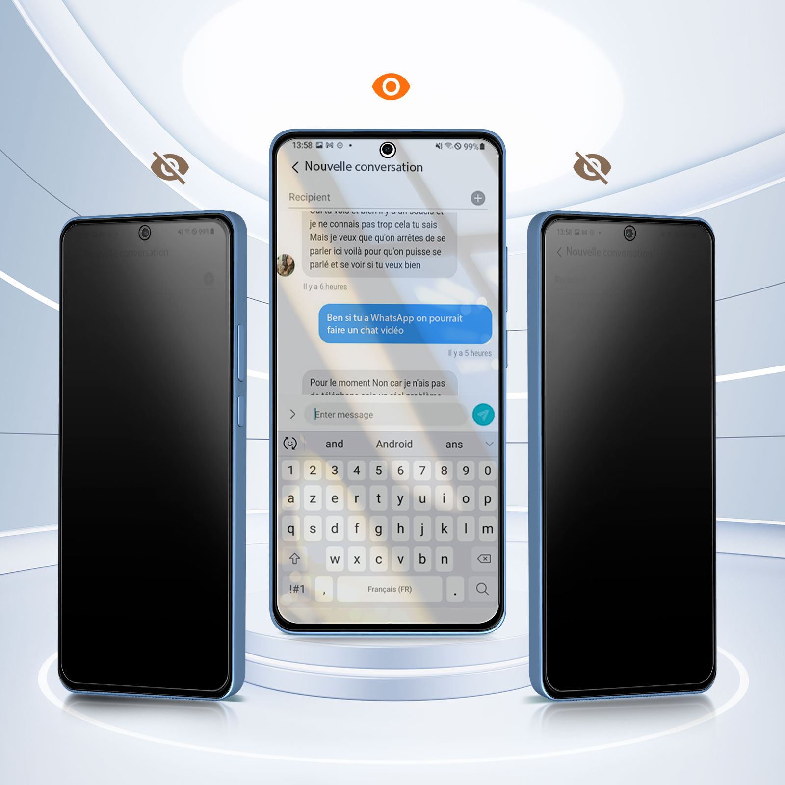 Tre smartphone. Lo schermo centrale mostra una chat, gli altri due sono neri.