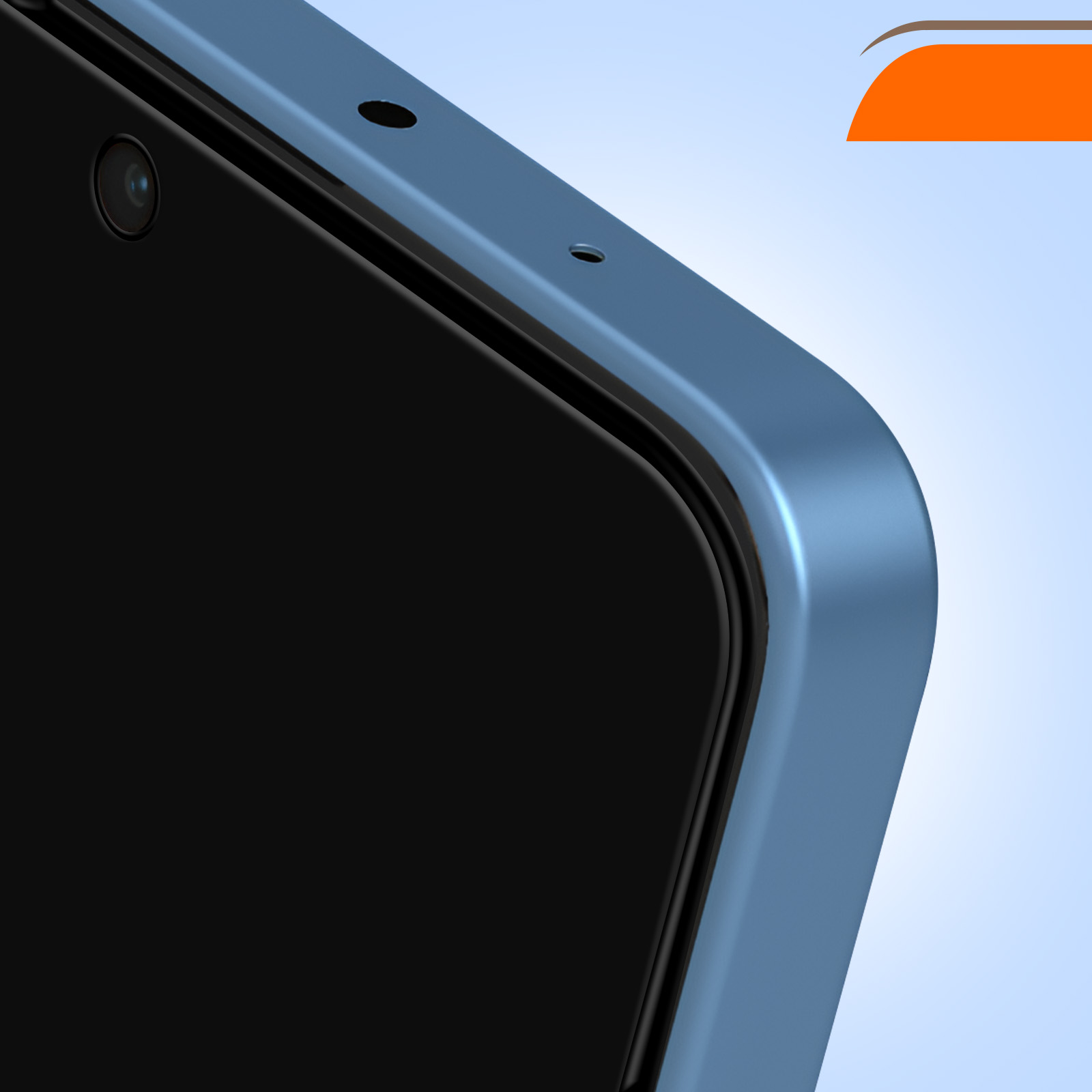 Primo piano dell'angolo di uno smartphone blu. Visibili sono uno schermo nero, una fotocamera e dei fori. Un grafico arancione e marrone è sullo sfondo.