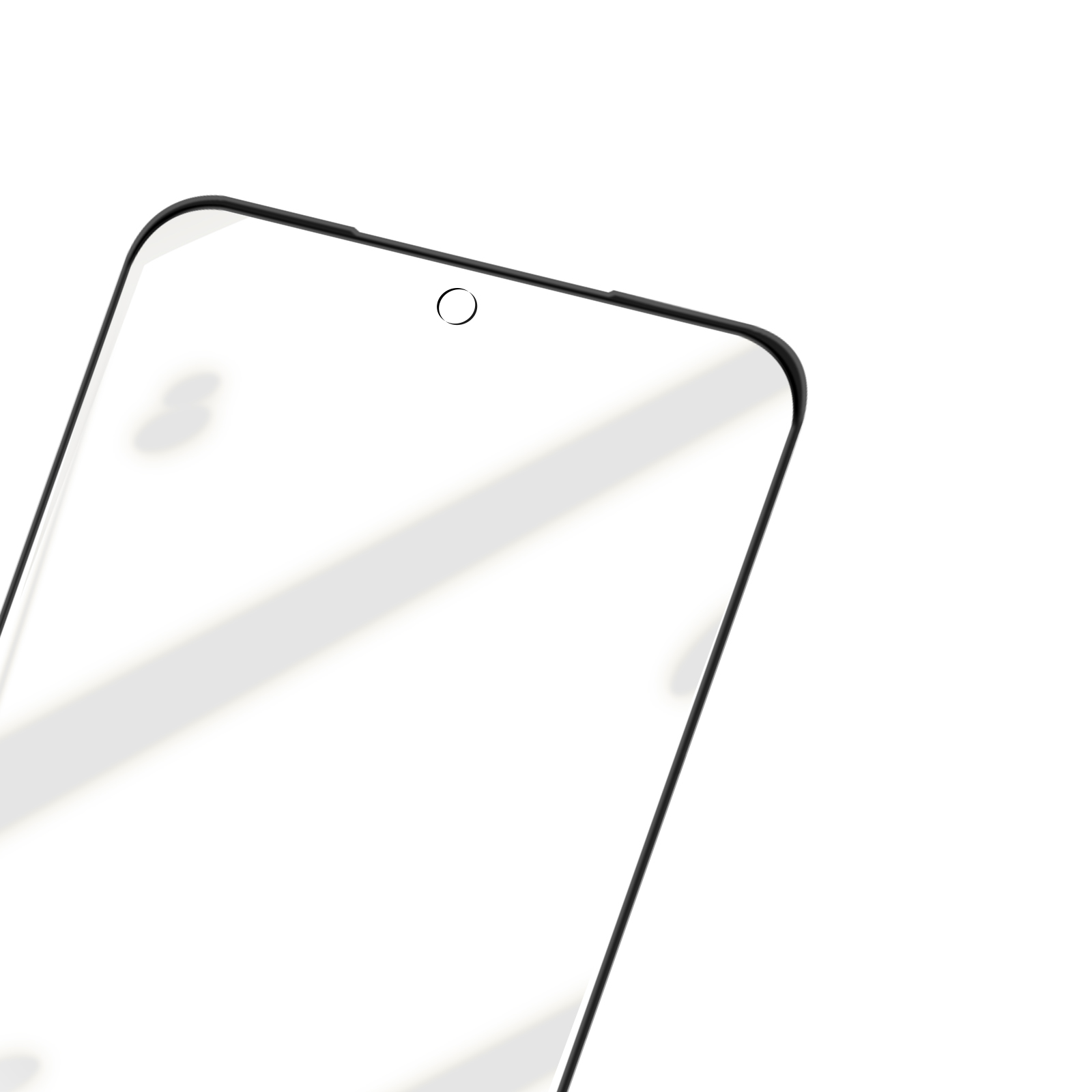 Un proteggi schermo per smartphone con bordi neri e un ritaglio per la fotocamera su sfondo bianco. L'ombra è visibile.