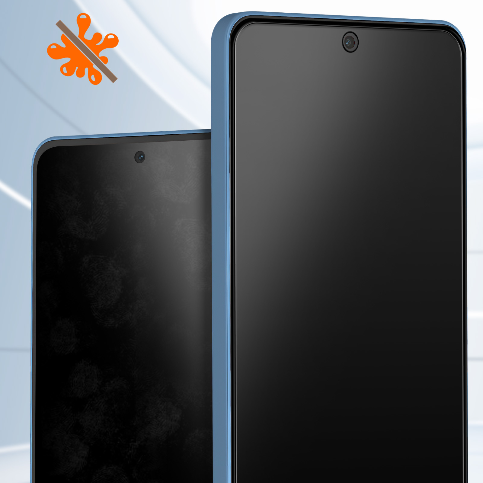 Due smartphone con schermi neri e cornici blu. Una macchia arancione con una croce sullo sfondo.